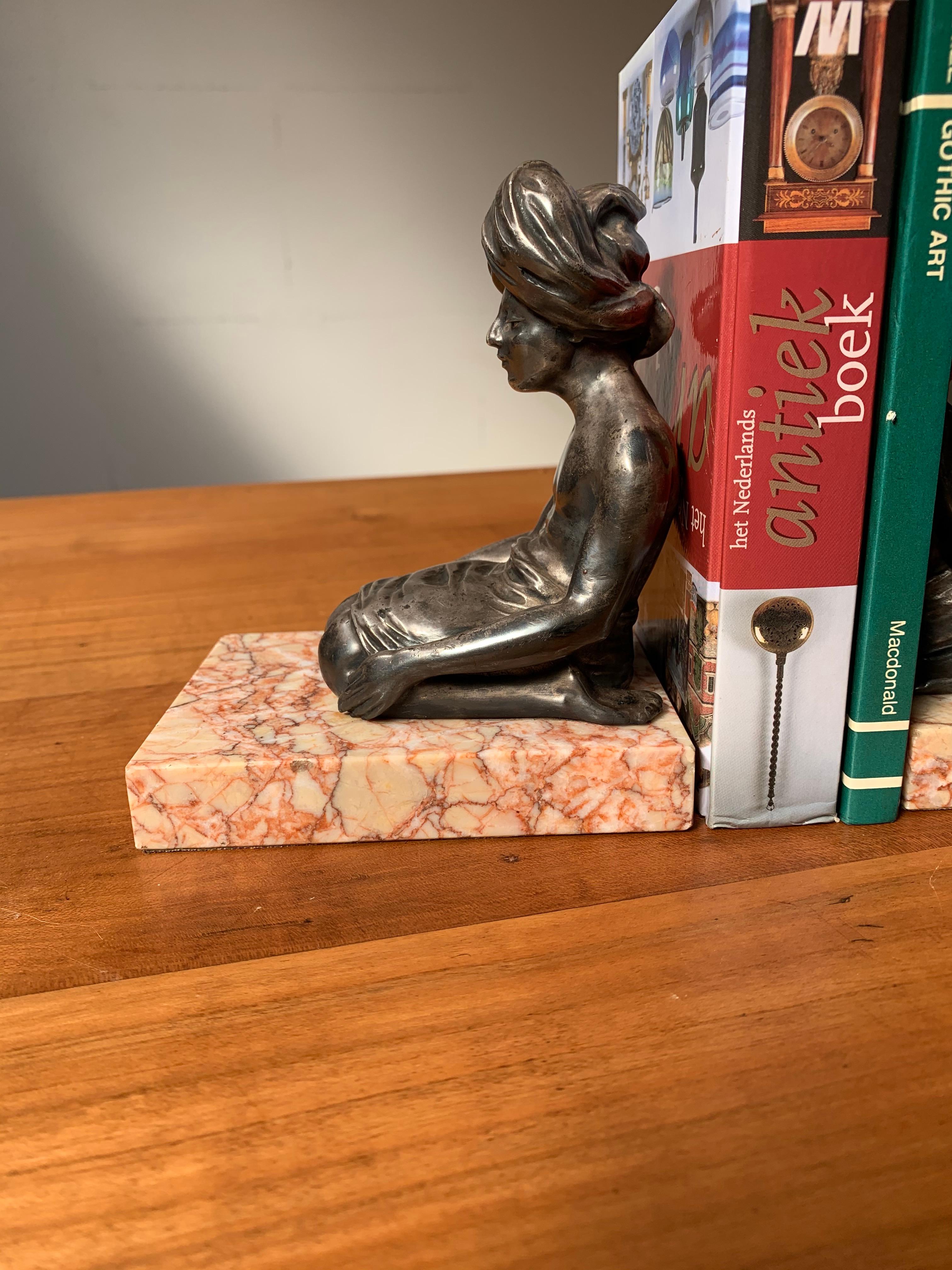 Brass Rare Art Deco Bookends, Indian Sculptures in Meditating Position on Marble Base For Sale
