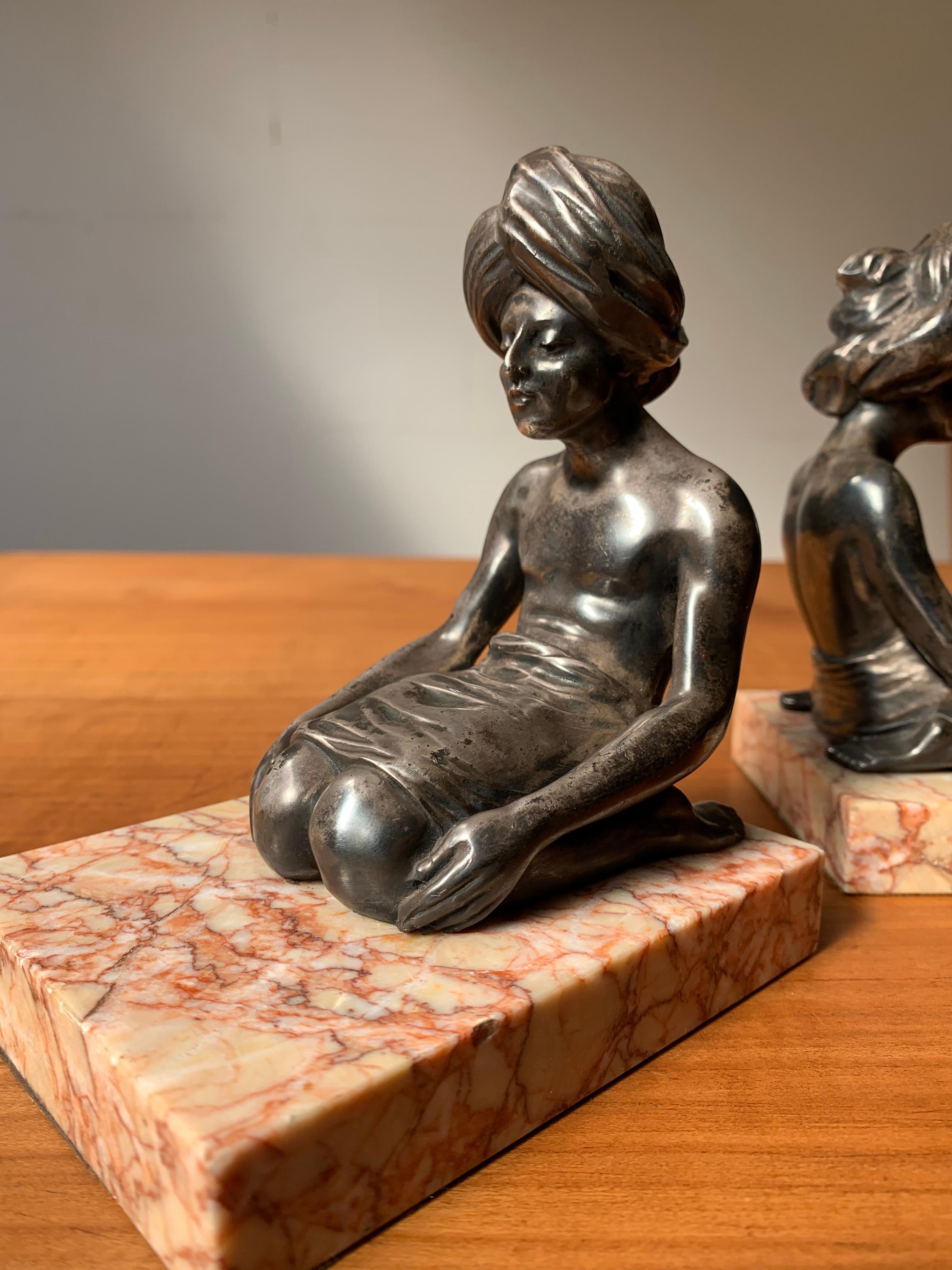 Rare Art Deco Bookends, Indian Sculptures in Meditating Position on Marble Base For Sale 2