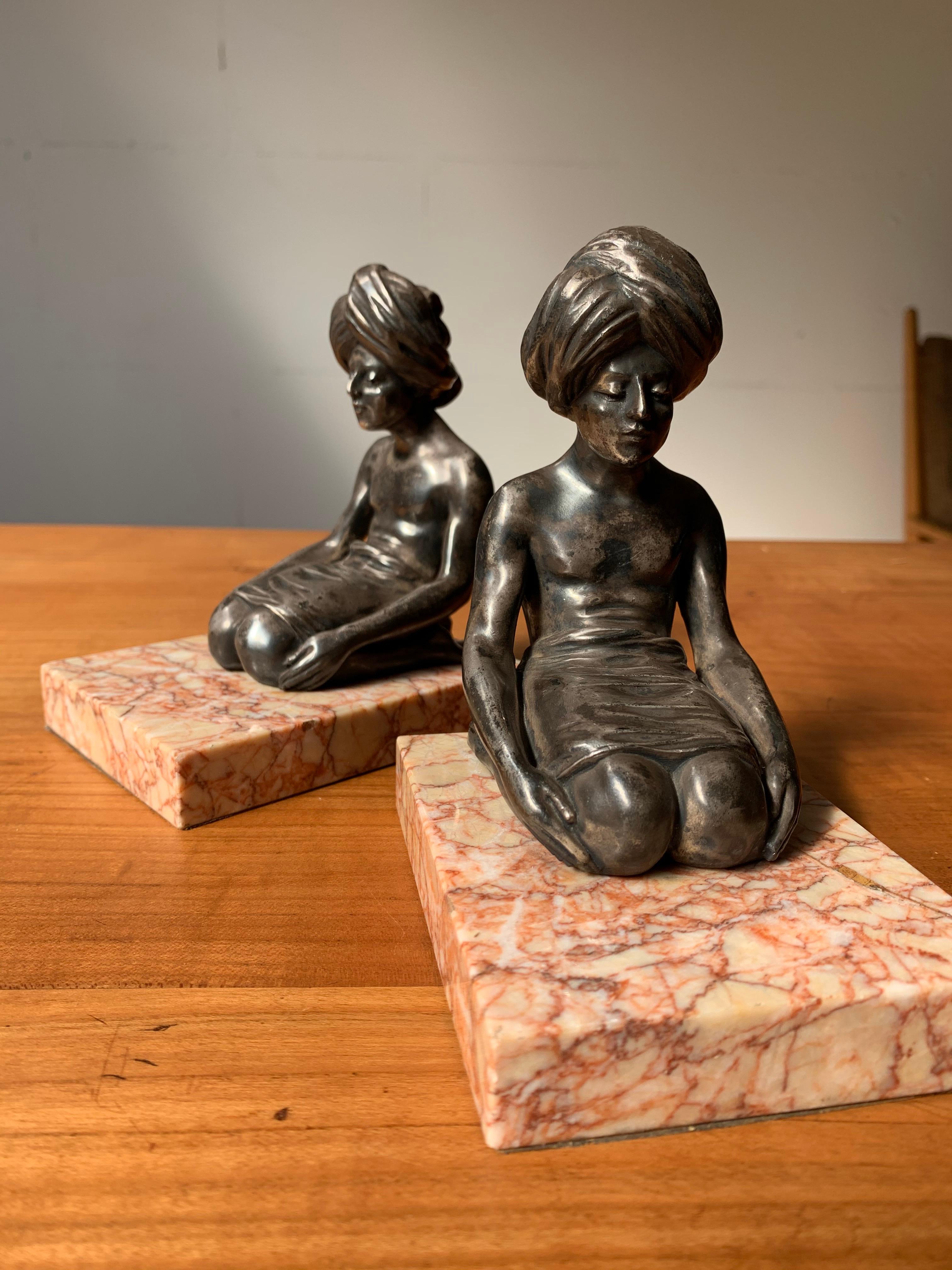 Rare Art Deco Bookends, Indian Sculptures in Meditating Position on Marble Base For Sale 3