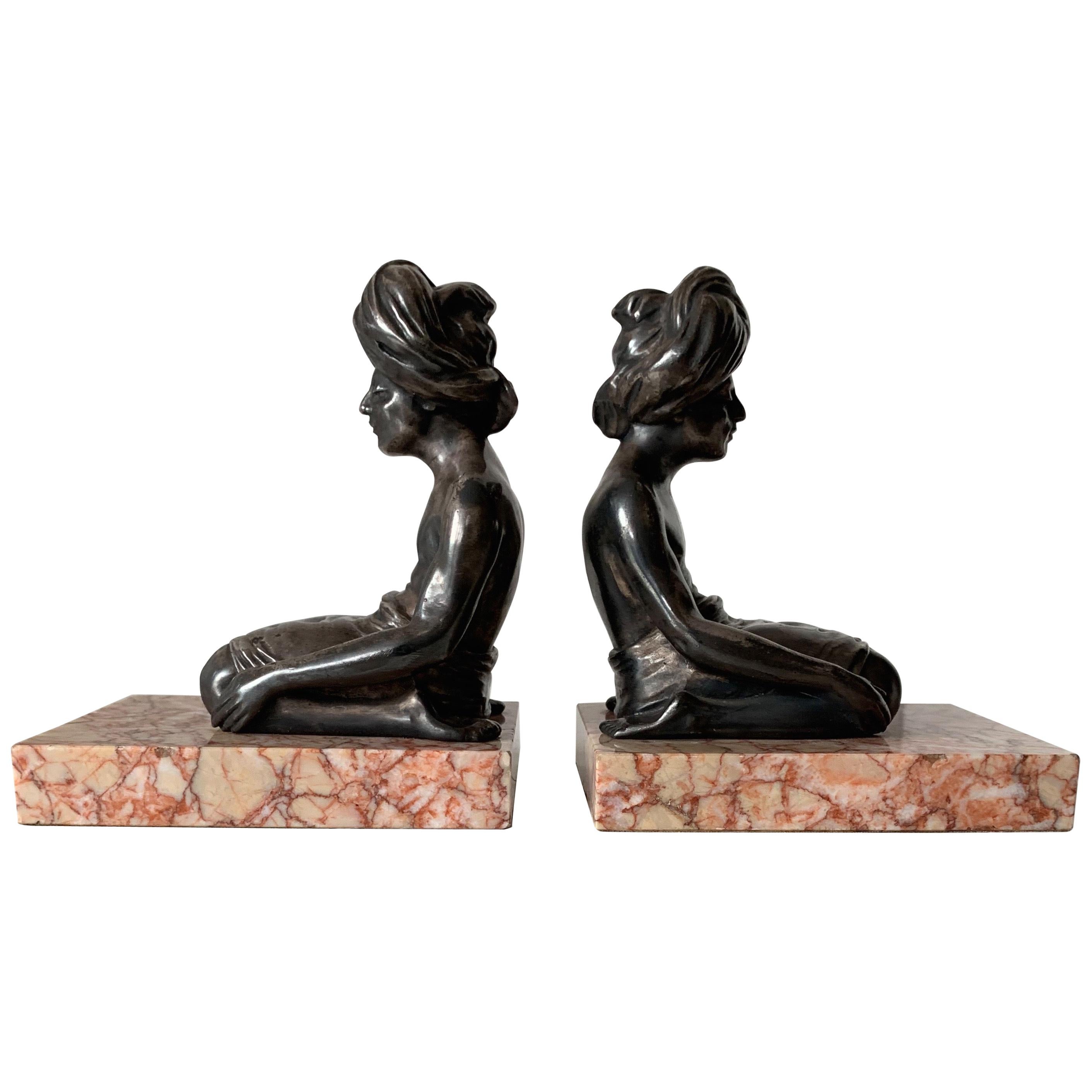Rare Art Deco Bookends, Indian Sculptures in Meditating Position on Marble Base For Sale
