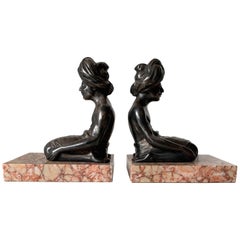 Rare Art Deco Bookends, Indian Sculptures in Meditating Position on Marble Base