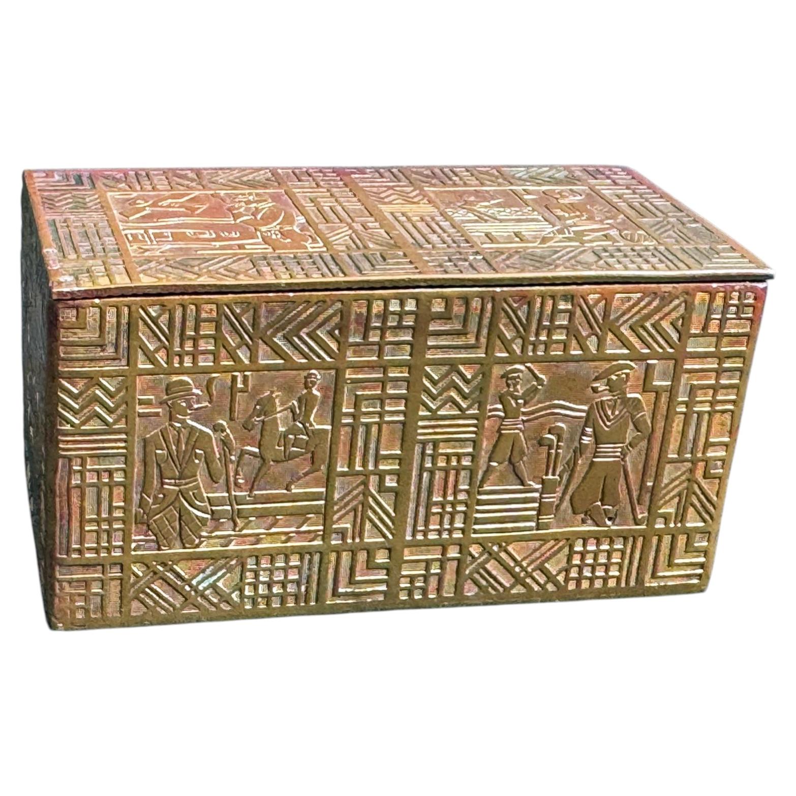 Rare Art Deco Brass Box w/ 1920s Scenes - Tennis, Golf, Fishing, Horses, Autos