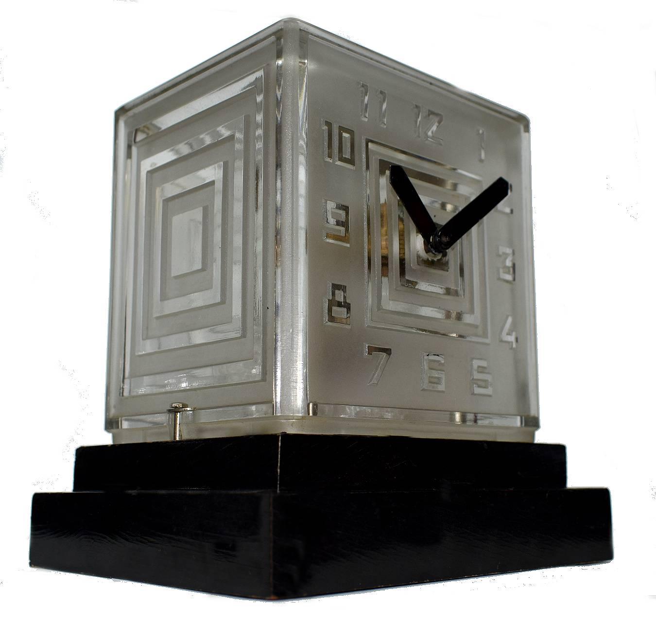 Ebonized Rare Art Deco Bulle Glass Clock, Signed  P.M.Favre, 1930s