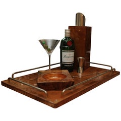 Aldo Tura Art Deco Burr Walnut and Chrome Impressive Cocktail Drinks Barware Set