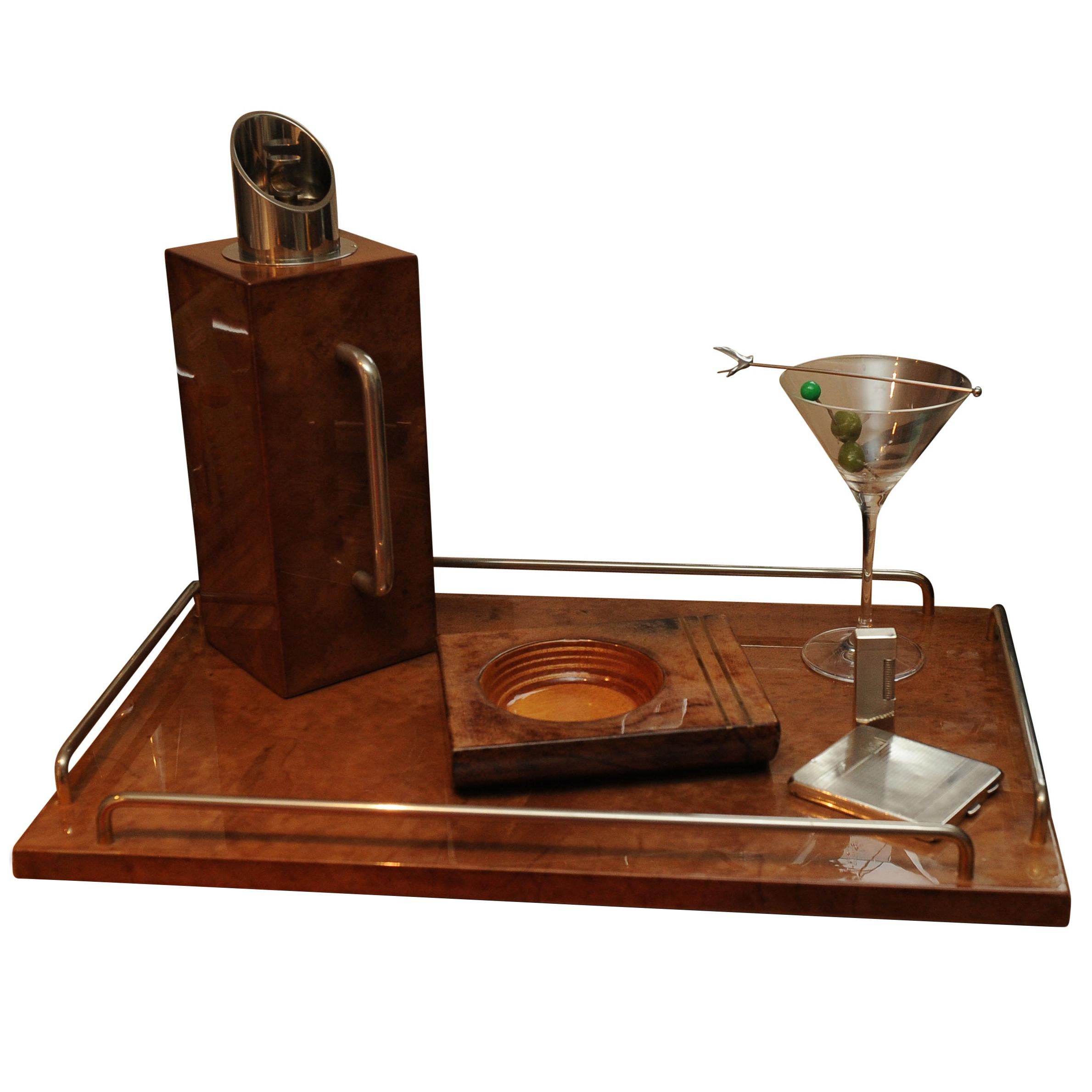 Aldo Tura Art Deco Burr Walnut and Chrome Impressive Cocktail Drinks Barware Set For Sale