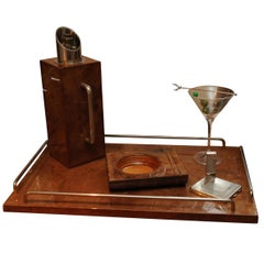 Aldo Tura Art Deco Burr Walnut and Chrome Impressive Cocktail Drinks Barware Set