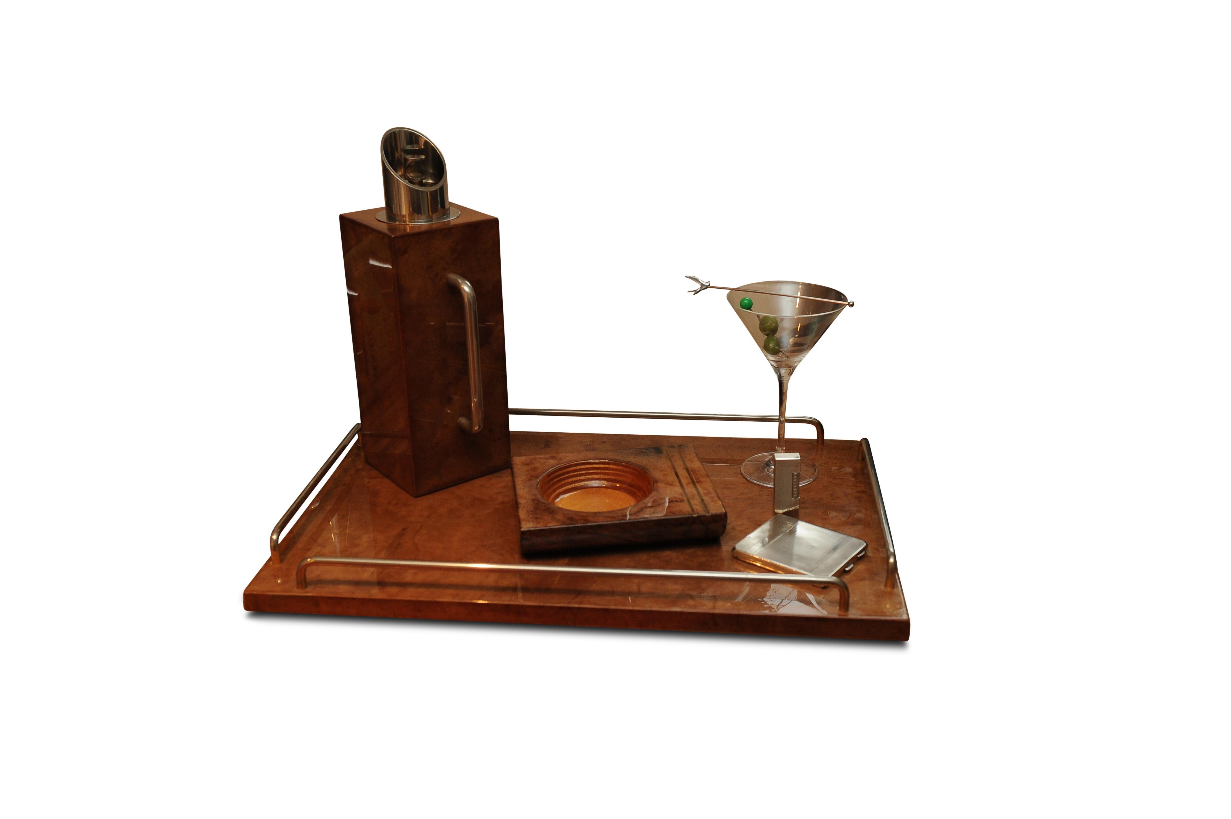 Veneer Aldo Tura Art Deco Burr Walnut and Chrome Impressive Cocktail Drinks Barware Set For Sale