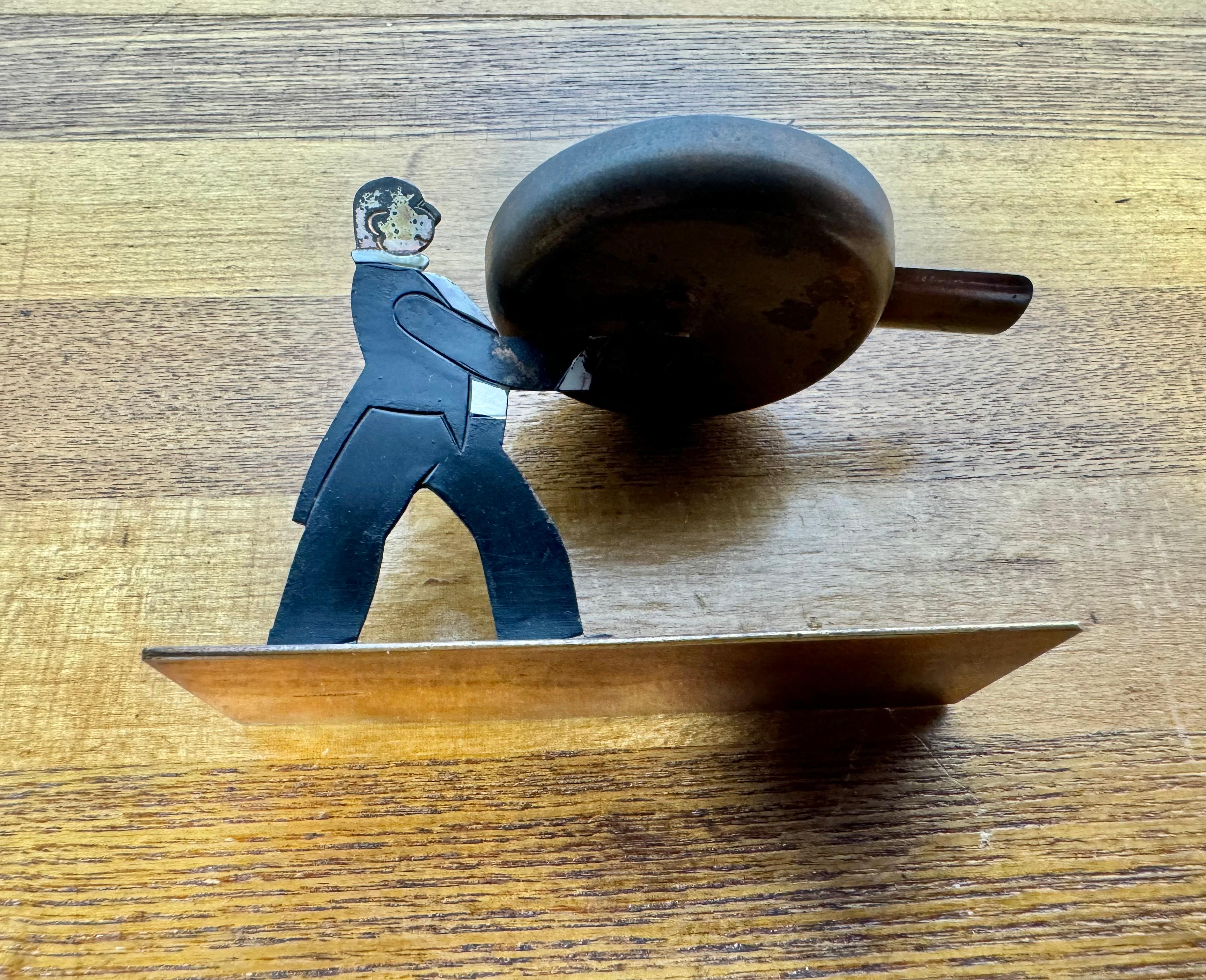 Painted RARE Art Deco Butler holding ash tray figure  Black Americana made in Germany For Sale