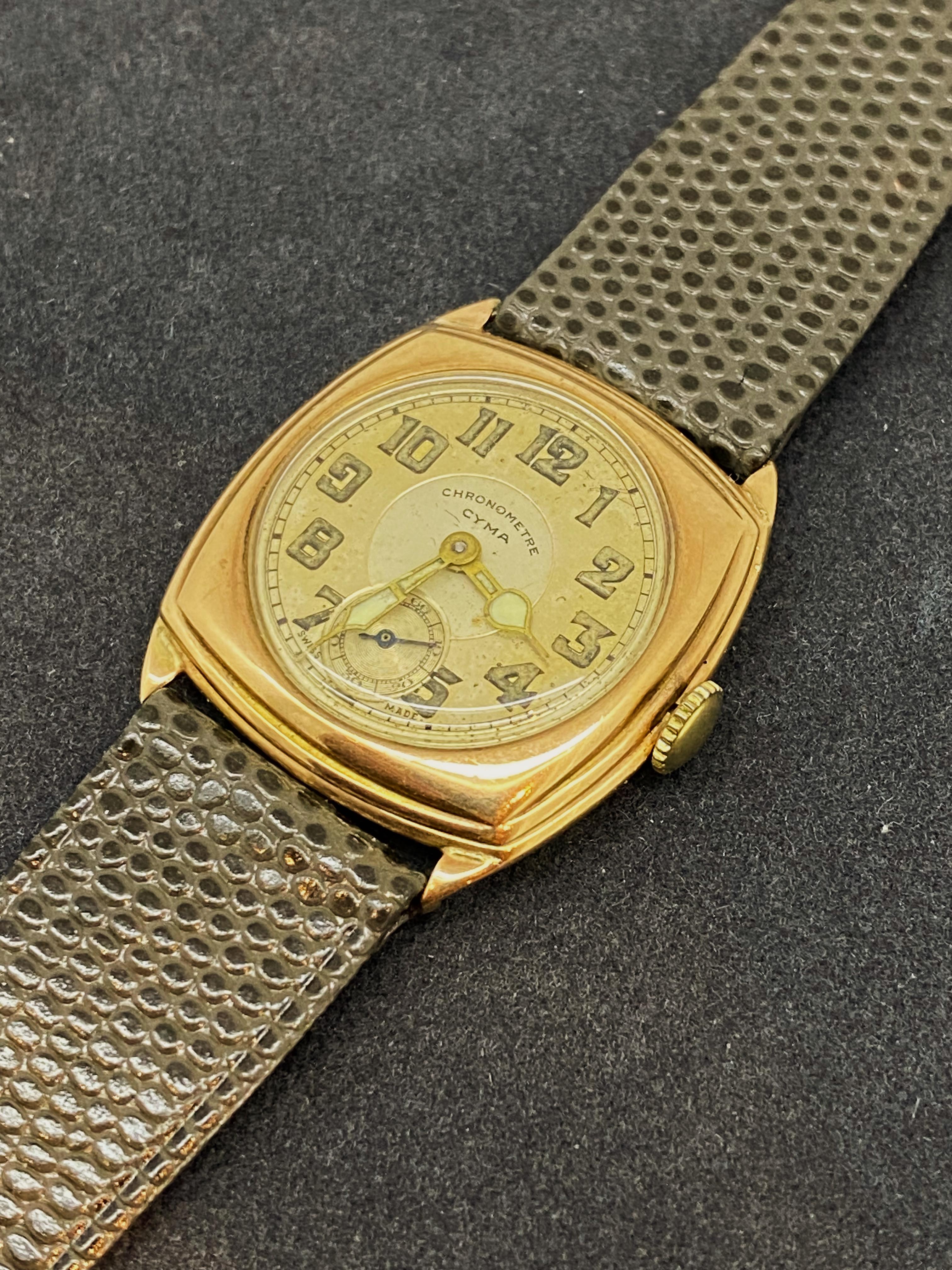 Men's Rare Art-Deco c1928 Cyma Chronometre Manual 9K Rose Gold Cushion Case Watch For Sale
