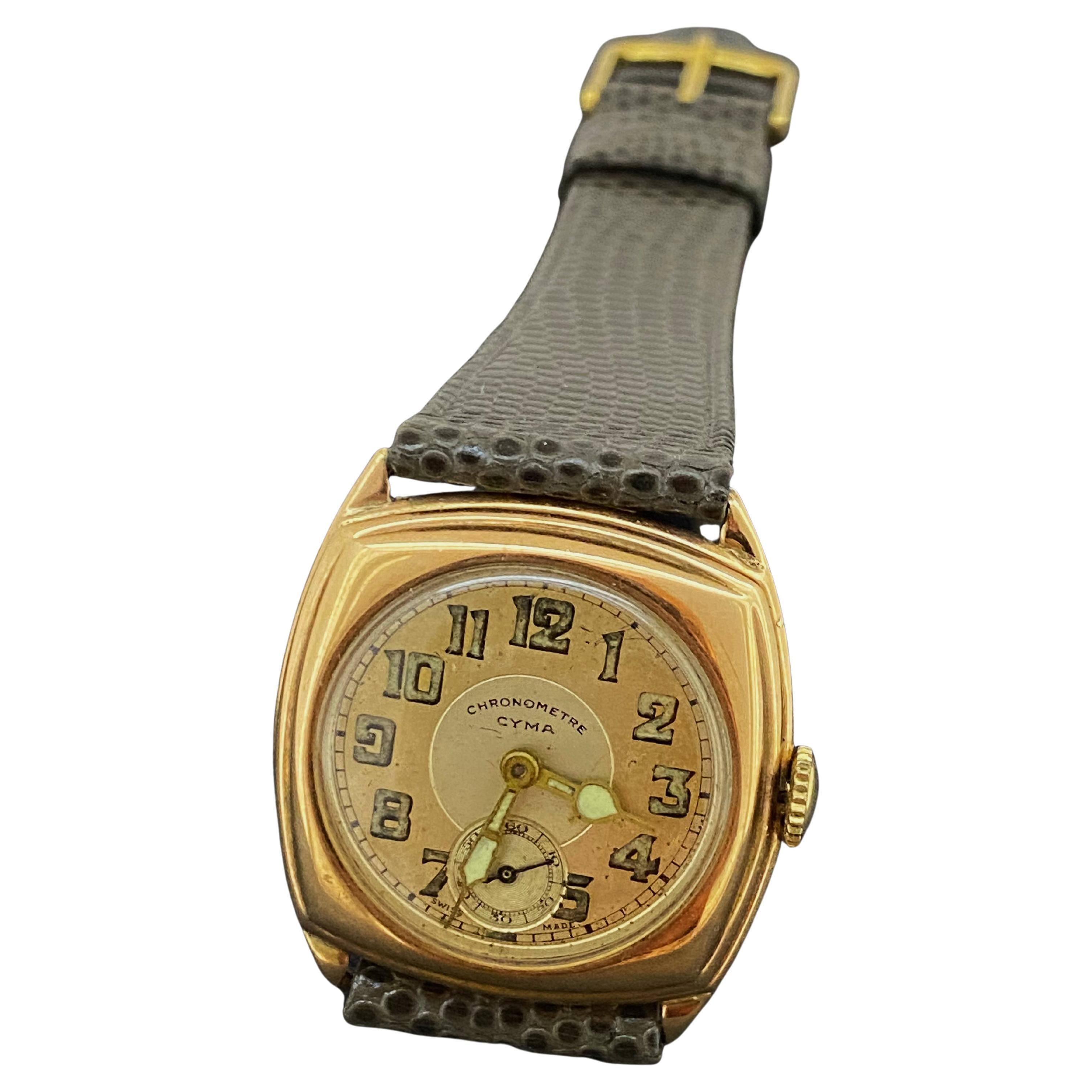 Rare Art-Deco c1928 Cyma Chronometre Manual 9K Rose Gold Cushion Case Watch For Sale
