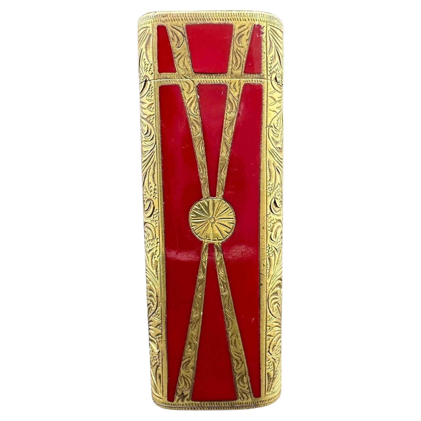 Rare Art Deco Cartier Roy King 18 K Gold & Red Lacquer Lighter. 