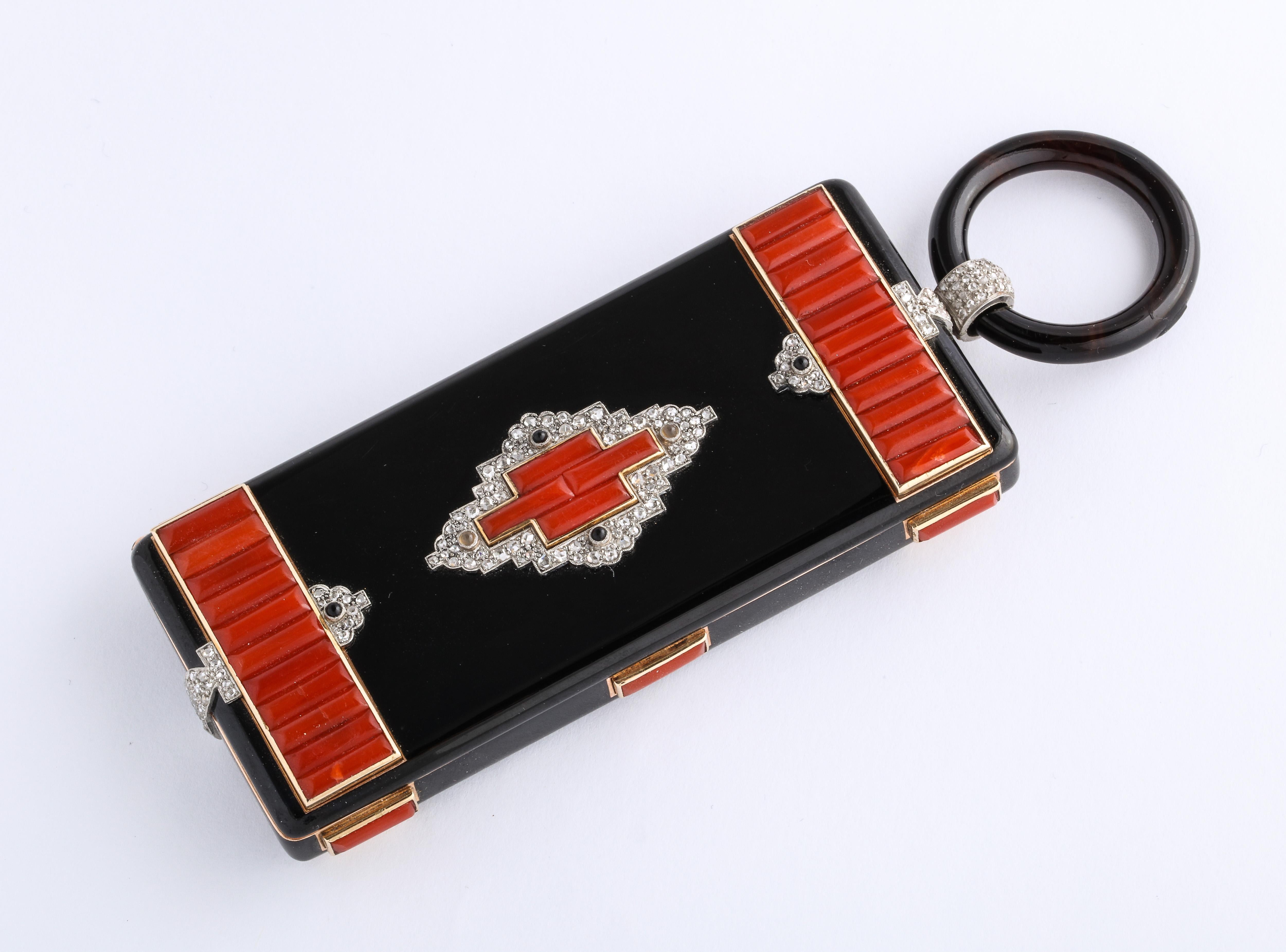 Women's or Men's Rare Art Deco Cartier Vanity Case Compact Carved Coral Enamel Diamonds and Onyx