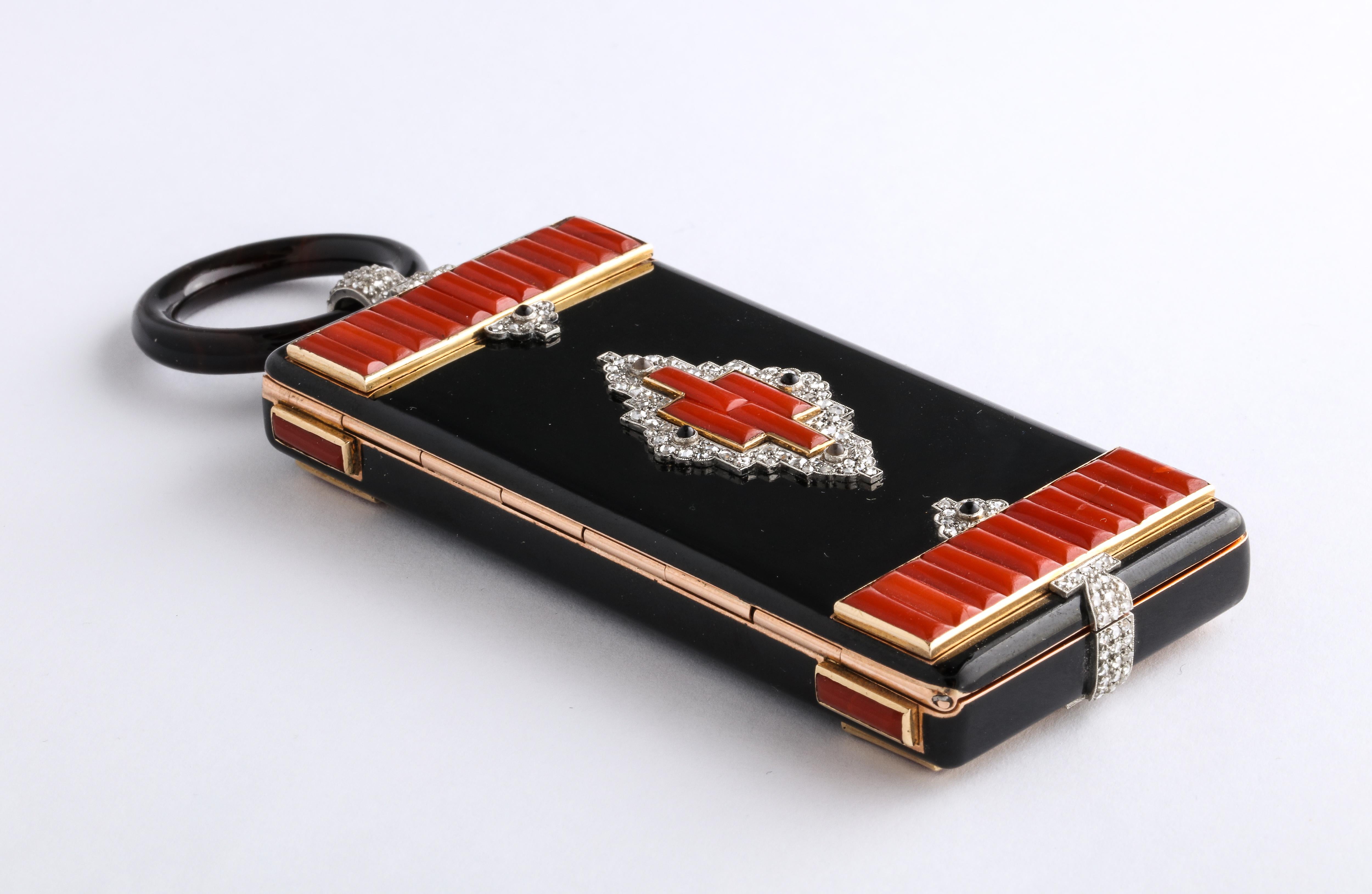 Rare Art Deco Cartier Vanity Case Compact Carved Coral Enamel Diamonds and Onyx 1