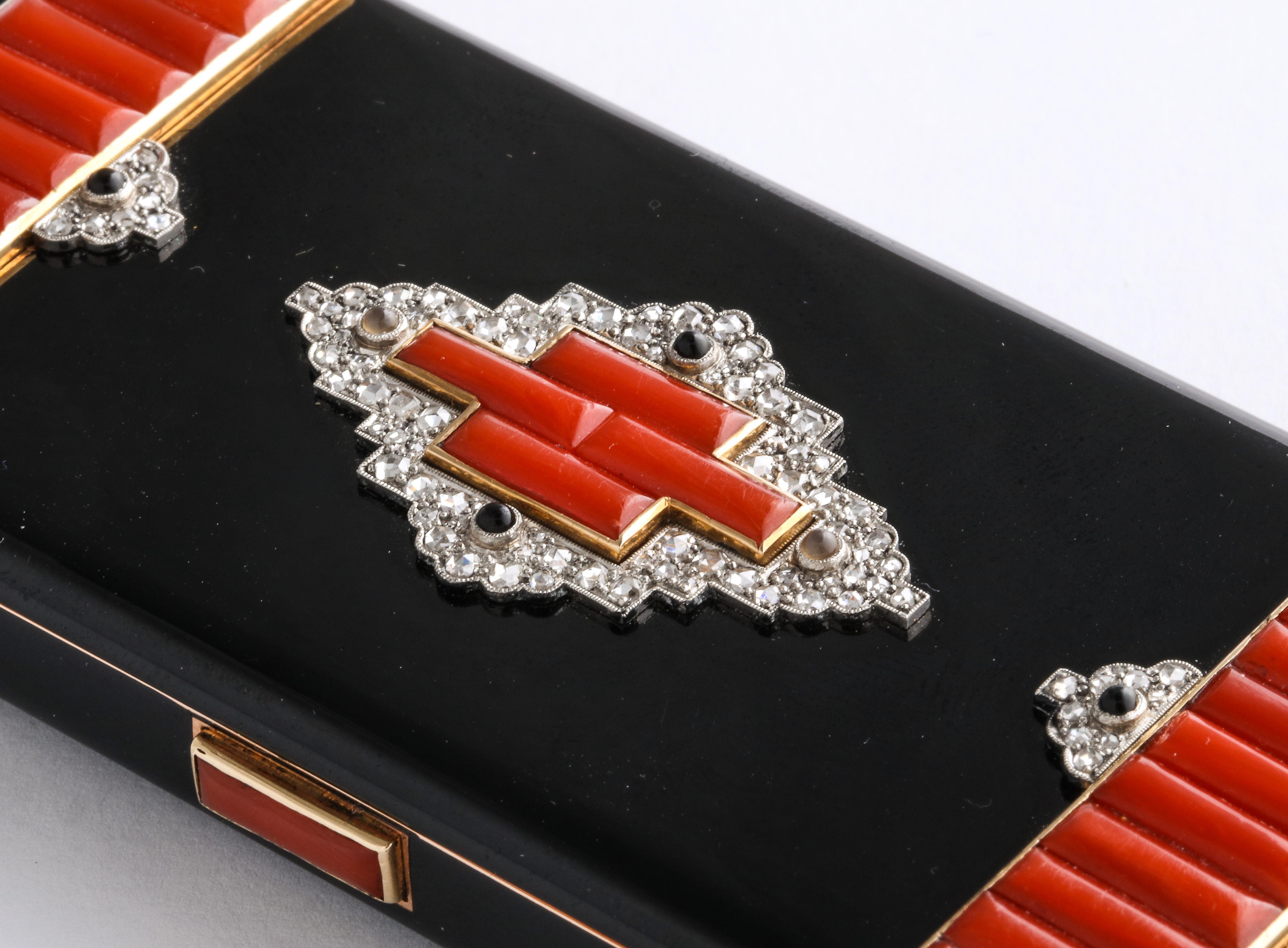 Rare Art Deco Cartier Vanity Case Compact Carved Coral Enamel Diamonds and Onyx 3