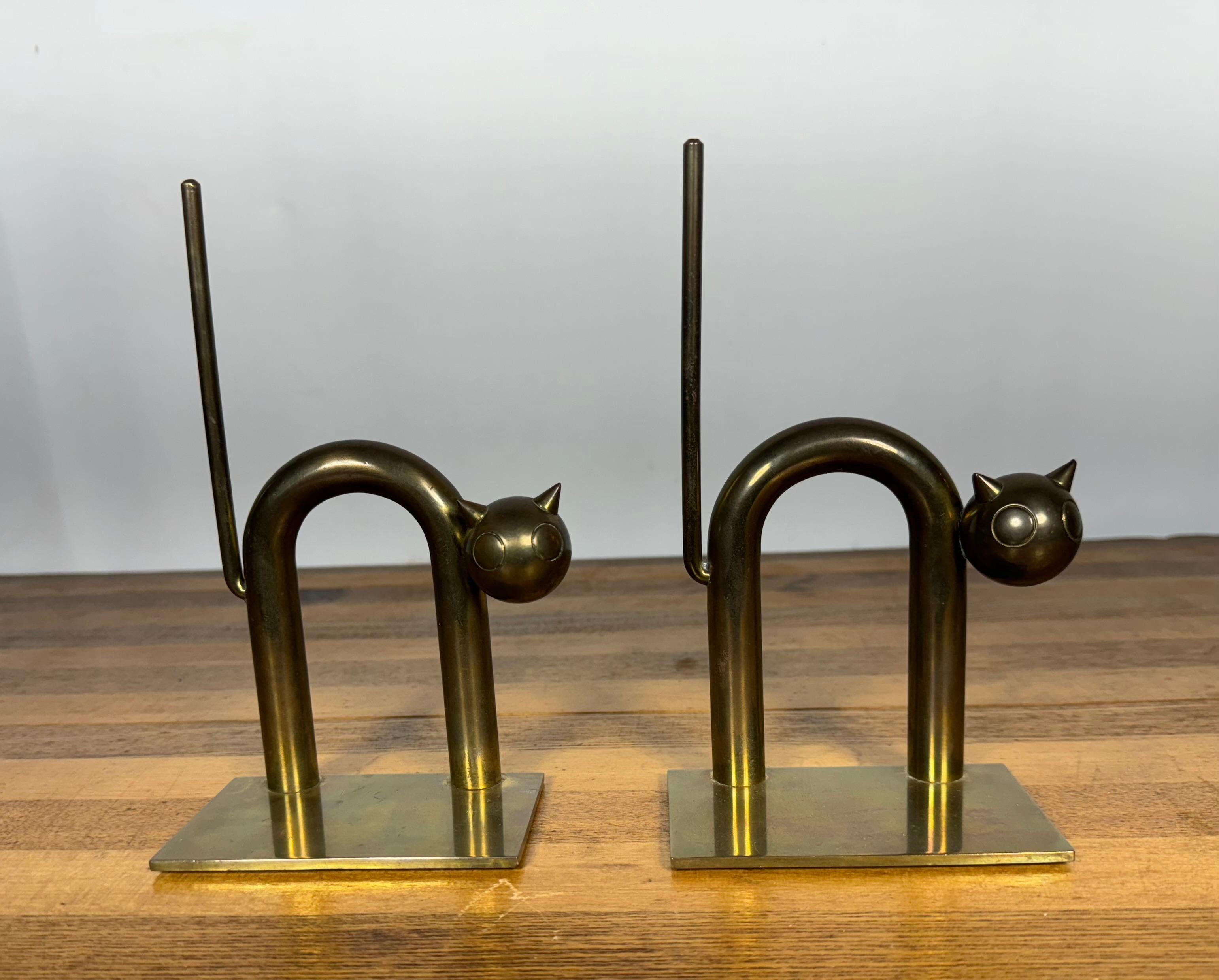 Brass Rare Art Deco Cat Bookends by Walter Von Nessen for Chase Mfg.