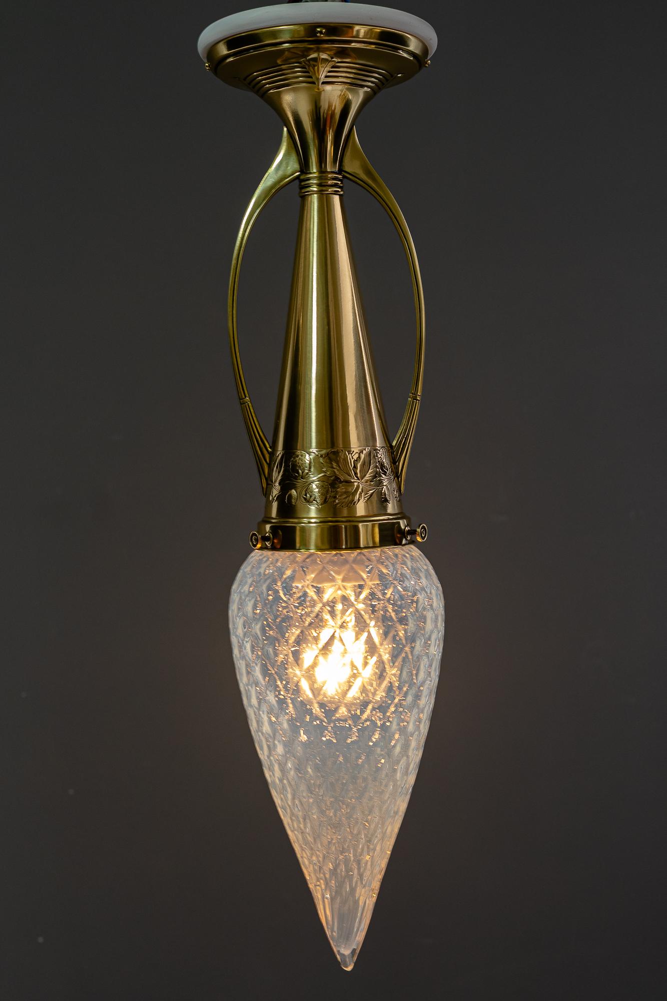Brass Rare Art Deco ceiling lamp with opaline glass shade vienna around 1920s For Sale