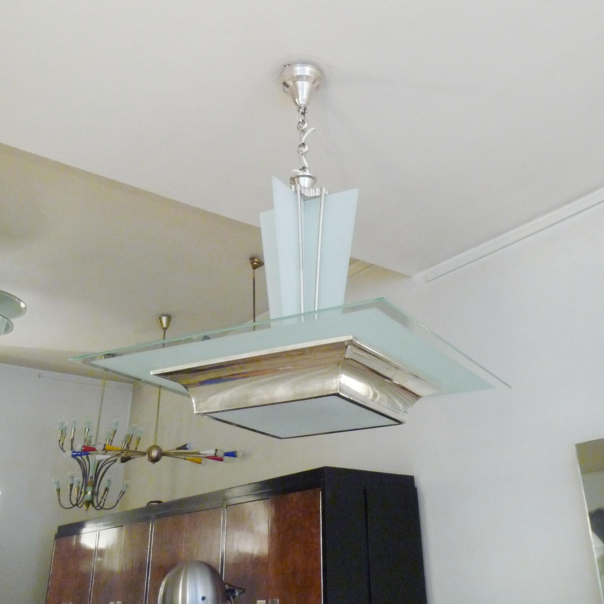 Plated Rare Art Deco Ceiling Light Attributed to Jean Damon For Sale