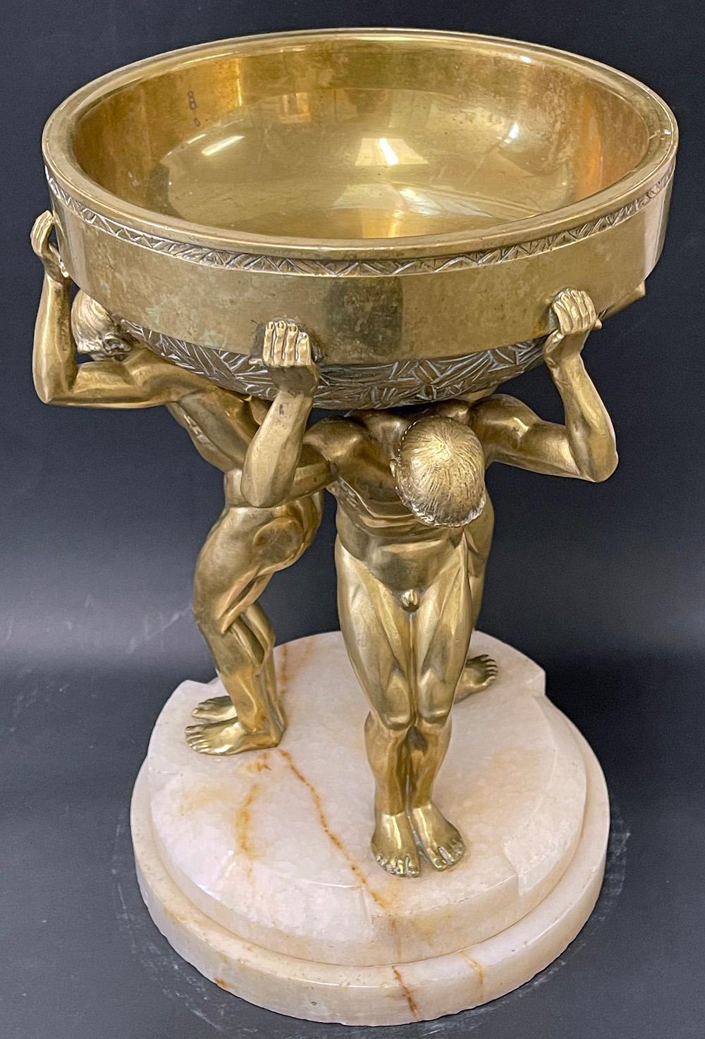French Rare Art Deco Centerpiece with Nude Male Figures, Gilded Bronze, France