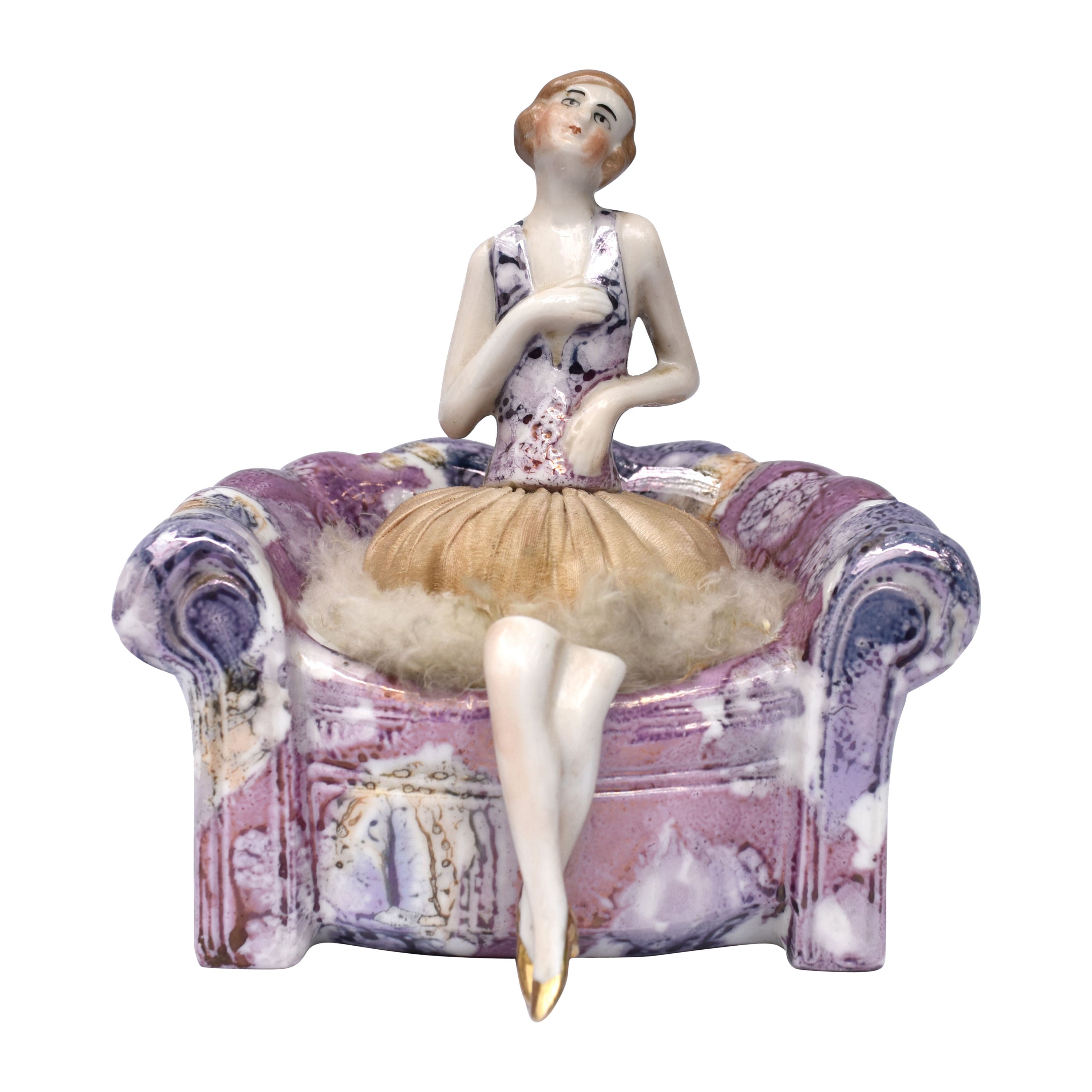 Rare Art Deco Ceramic Flapper Powder Puff Stand, Circa 1930