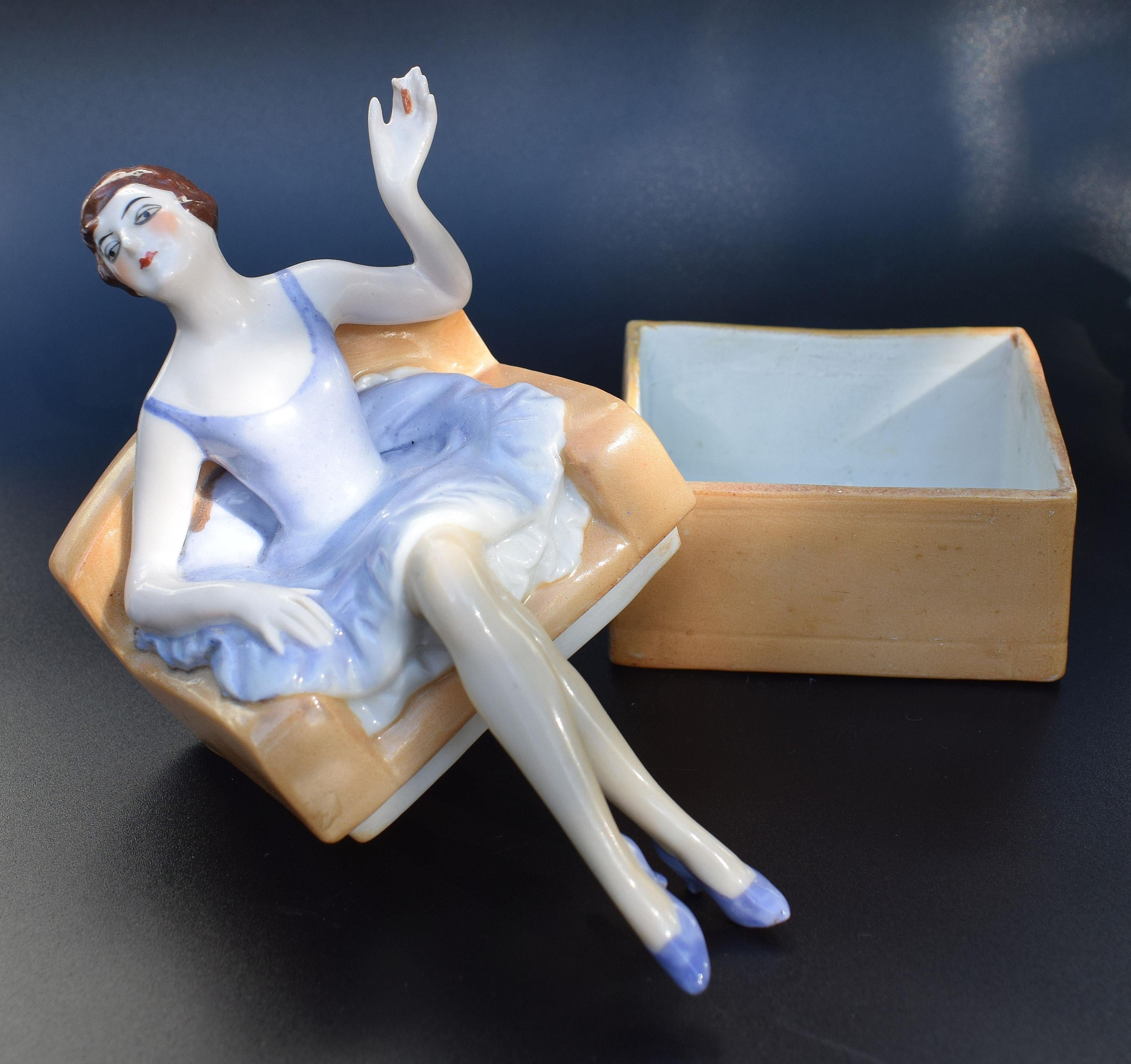 20th Century Rare Art Deco Ceramic Flapper Trinket Box by Fasold & Stauch, circa 1930