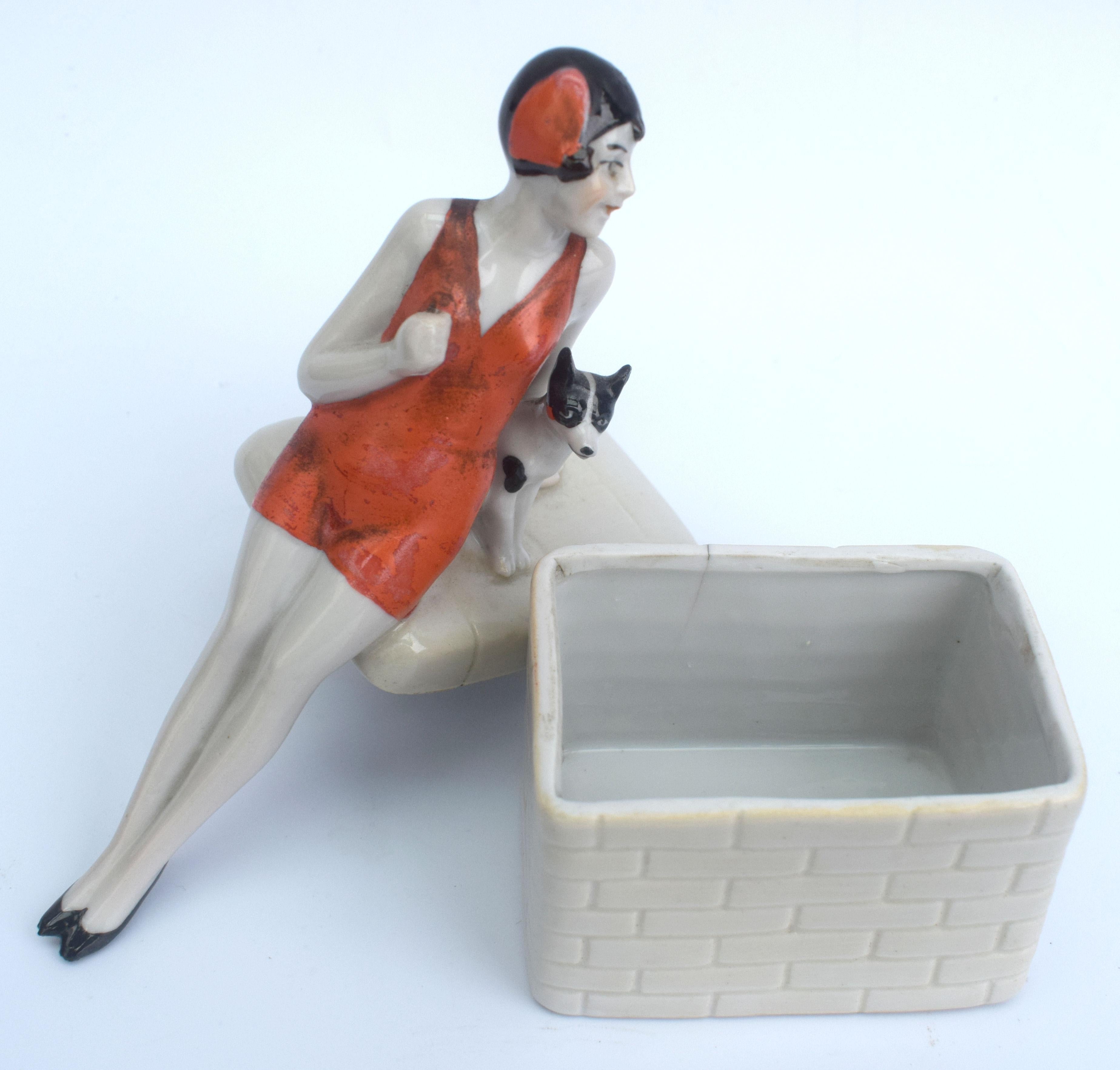 German Rare Art Deco Ceramic Flapper Trinket Box, circa 1930