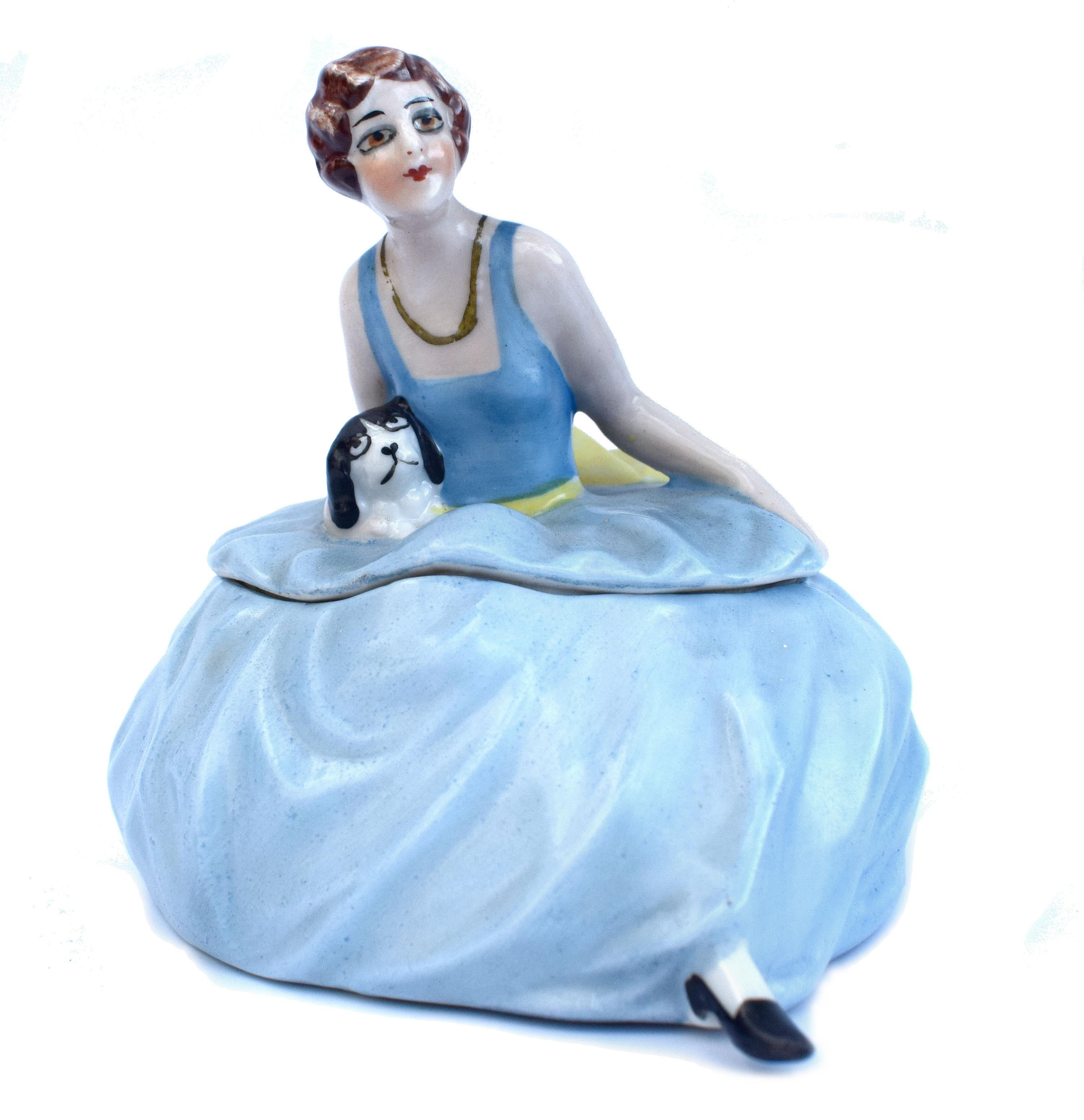 Dating to the 1930s this very attractive and rare Art Deco trinket box is made by Fasold & Stauch more commonly known for making half dolls and is a German company. Rare and in excellent condition, I couldn't find any flaws to note, she's free from