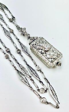 Rare Art Deco C.H. Meylan Diamond Platinum Pendant Watch on Diamond Long Chain