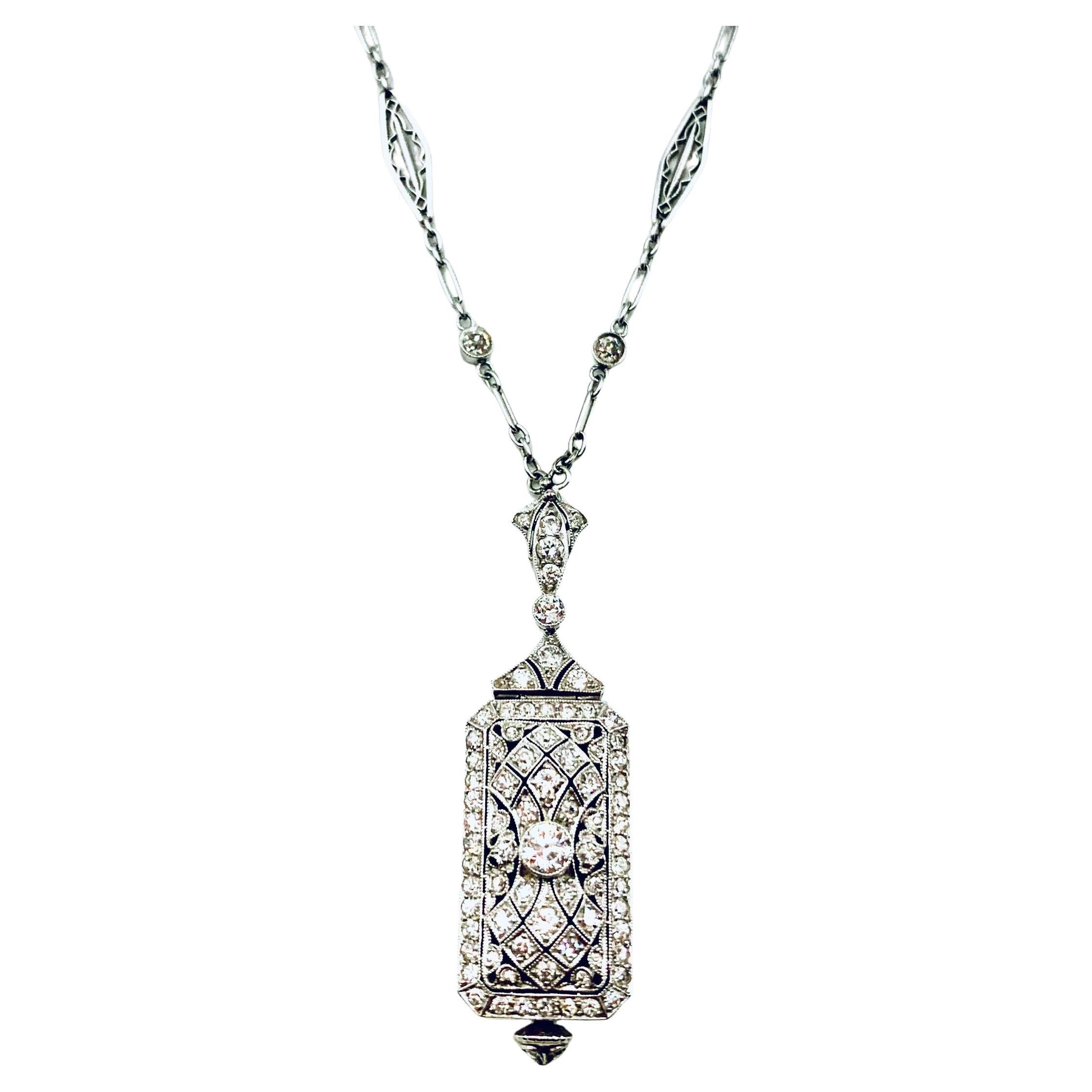Rare Art Deco C.H. Meylan Diamond Platinum Pendant Watch on Diamond Long Chain