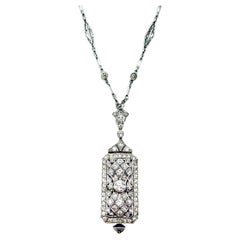 Raro Art Decó C.H. Reloj Meylan con Colgante de Platino y Diamantes en Cadena Larga de Diamantes