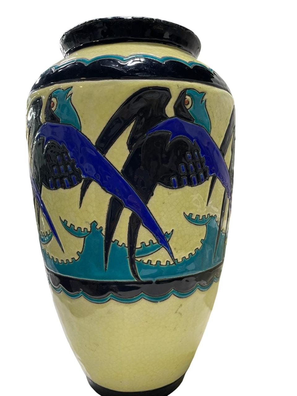 Art déco RARE vase Art Déco Charles Catteau pour Boch D1297 Swallows en vente