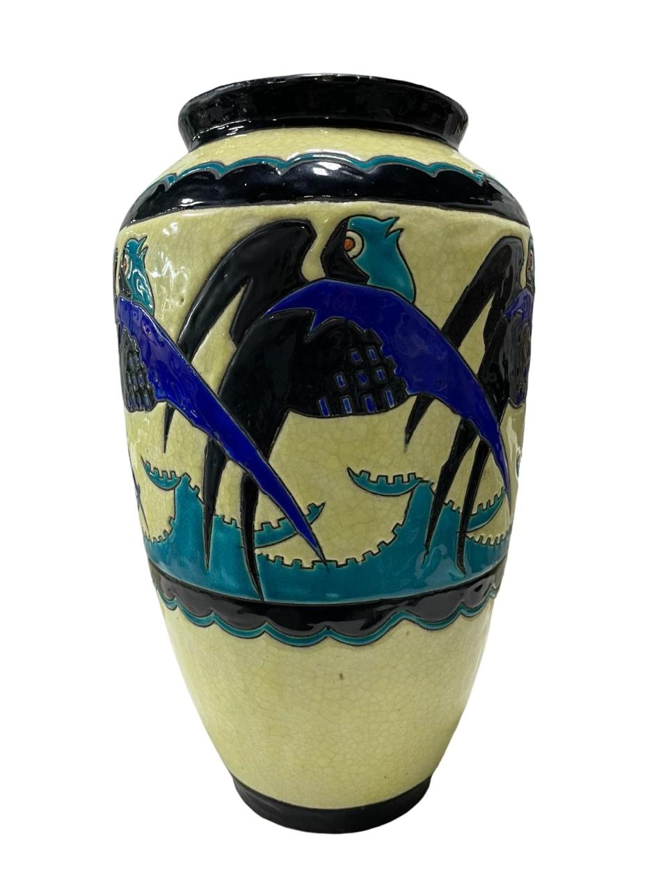 Belgian RARE ART DECO Charles Catteau for Boch D1297 Swallows Vase For Sale