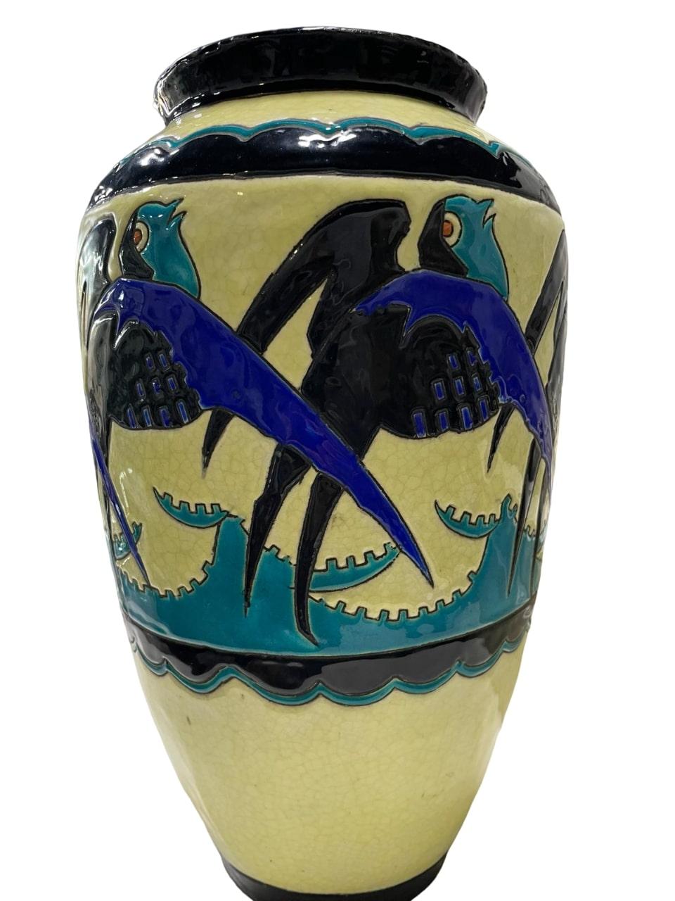 RARE ART DECO Charles Catteau for Boch D1297 Swallows Vase In Good Condition For Sale In Richmond Hill, ON