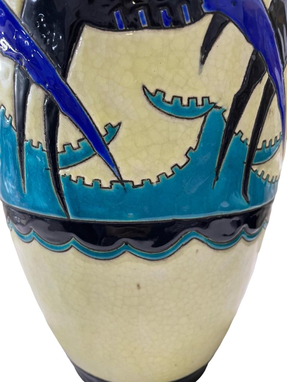 Creamware RARE vase Art Déco Charles Catteau pour Boch D1297 Swallows en vente