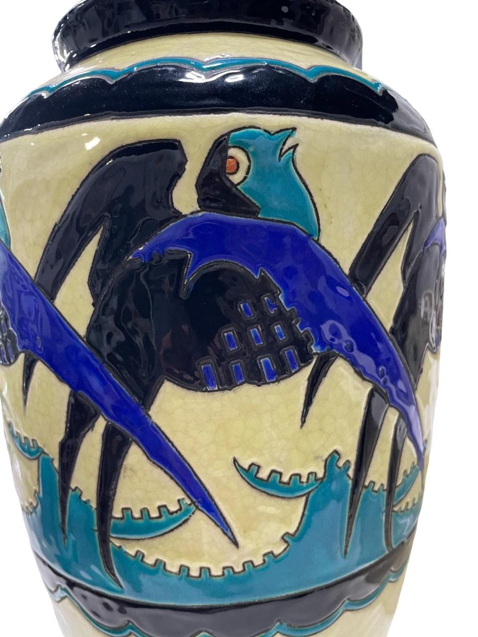 RARE vase Art Déco Charles Catteau pour Boch D1297 Swallows en vente 1