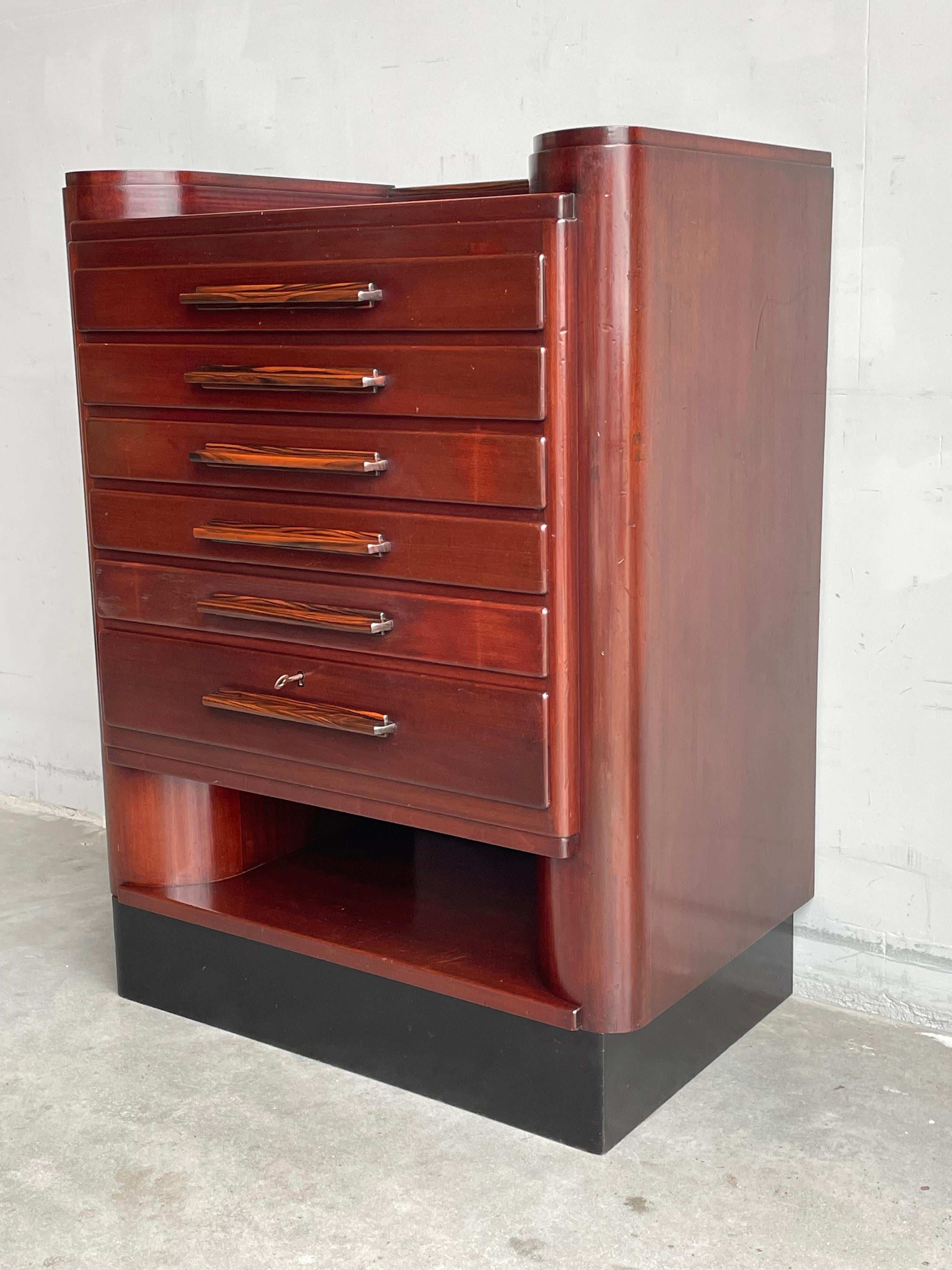 Dutch Rare Art Deco Chest of Drawers / Filing Cabinet with Stunning Coromandel Handles For Sale