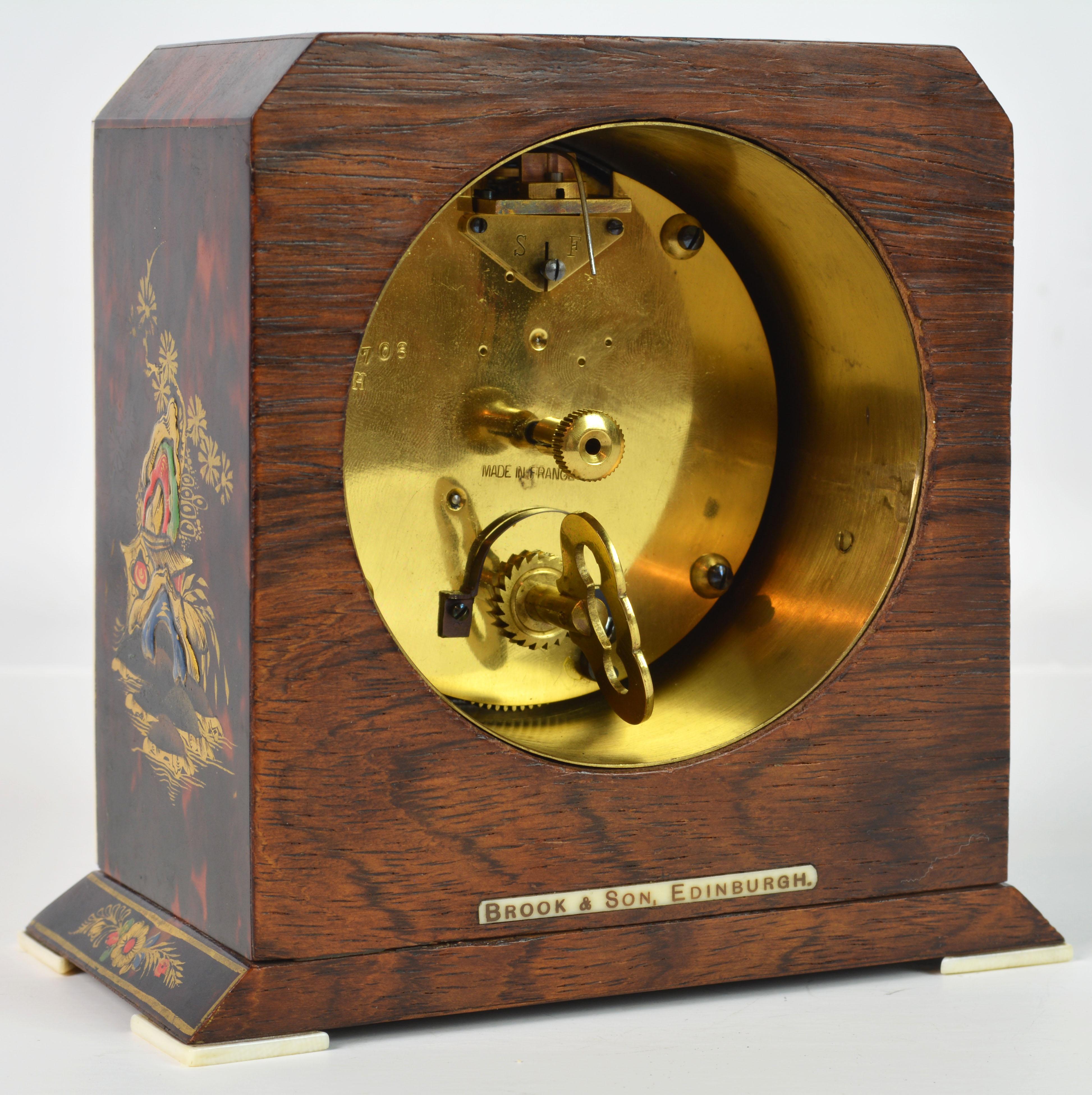 French Rare Art Deco Chinoiserie Tortoise Shell Clock Retailed by Brook & Son, Edinburg