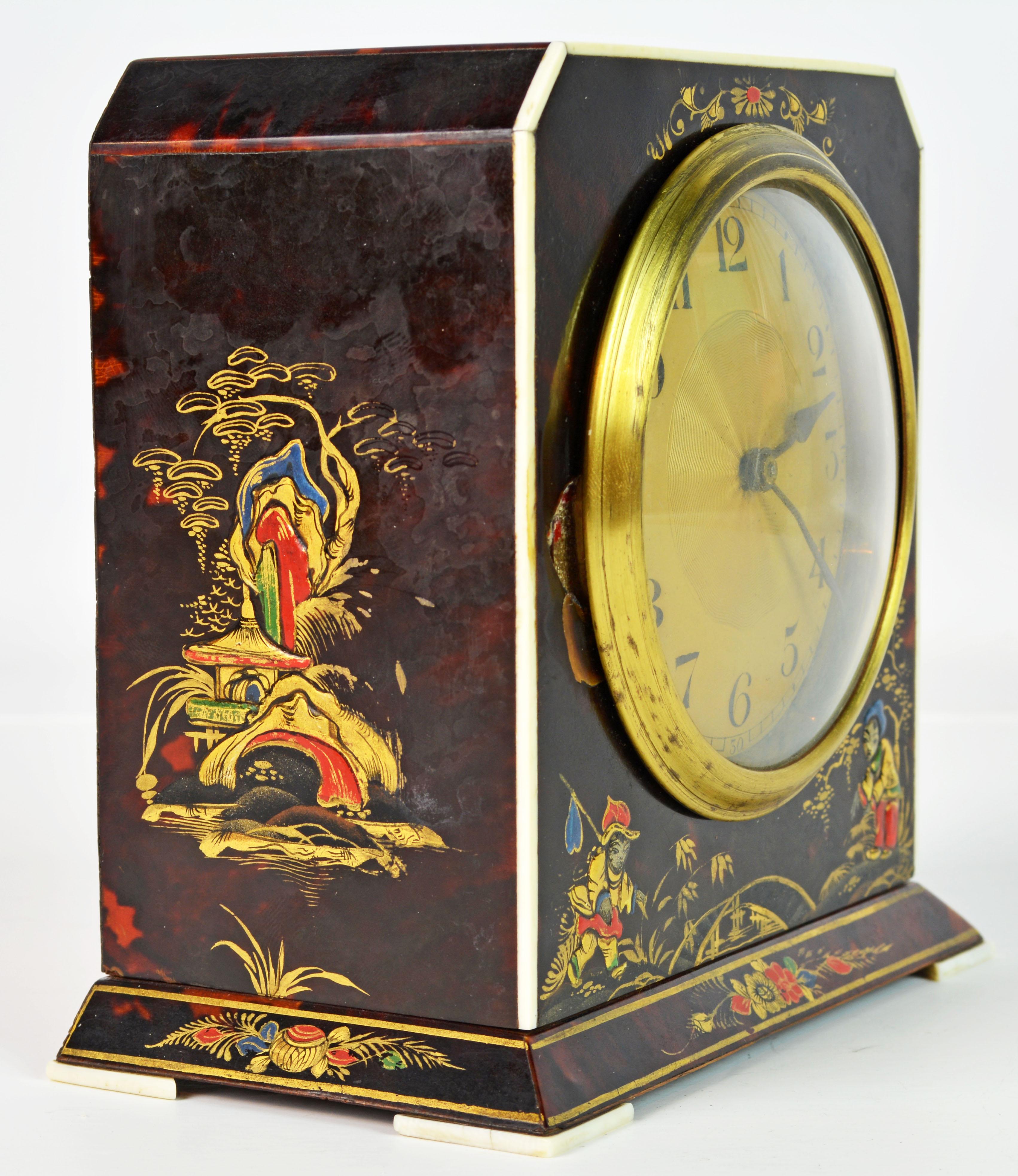 Rare Art Deco Chinoiserie Tortoise Shell Clock Retailed by Brook & Son, Edinburg In Good Condition In Ft. Lauderdale, FL