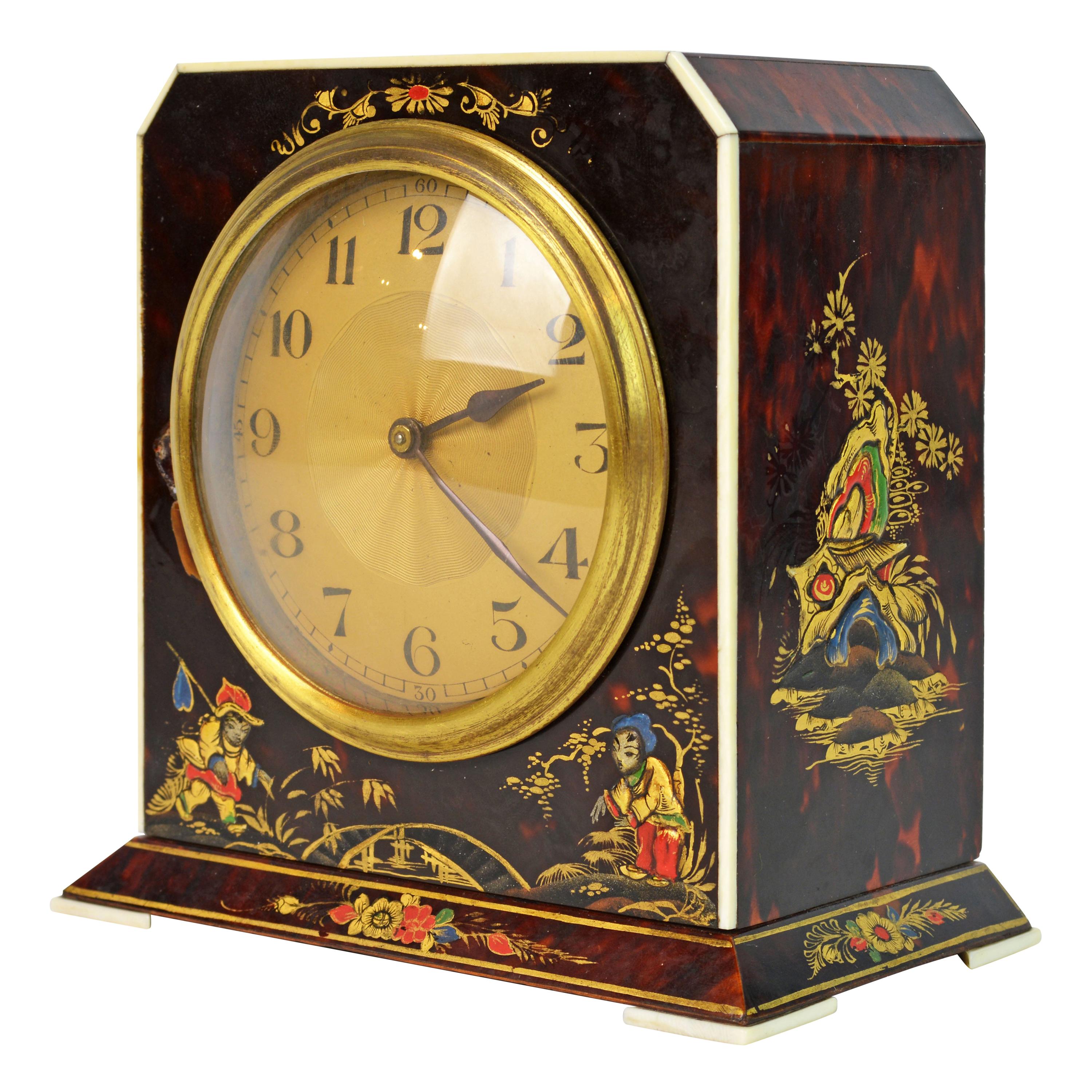Rare Art Deco Chinoiserie Tortoise Shell Clock Retailed by Brook & Son, Edinburg For Sale