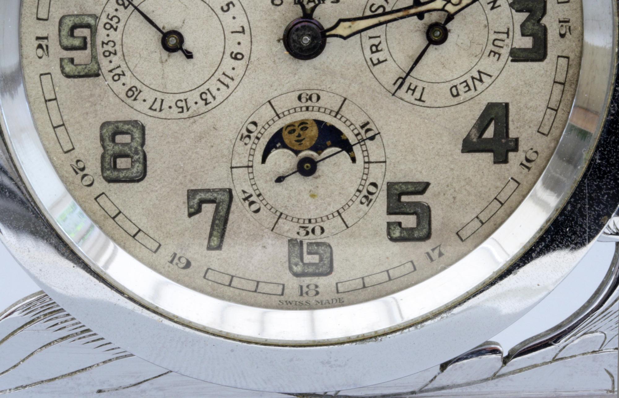 Rare Art Deco Chrome Mounted Swiss Moonphase Clock  4
