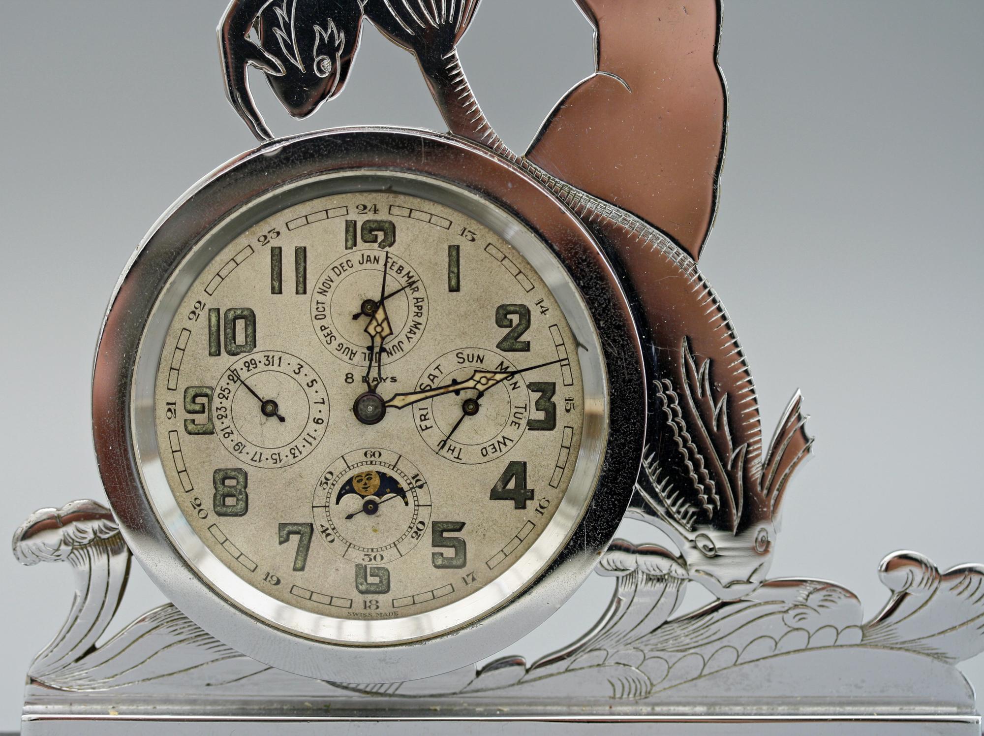 Rare Art Deco Chrome Mounted Swiss Moonphase Clock  6