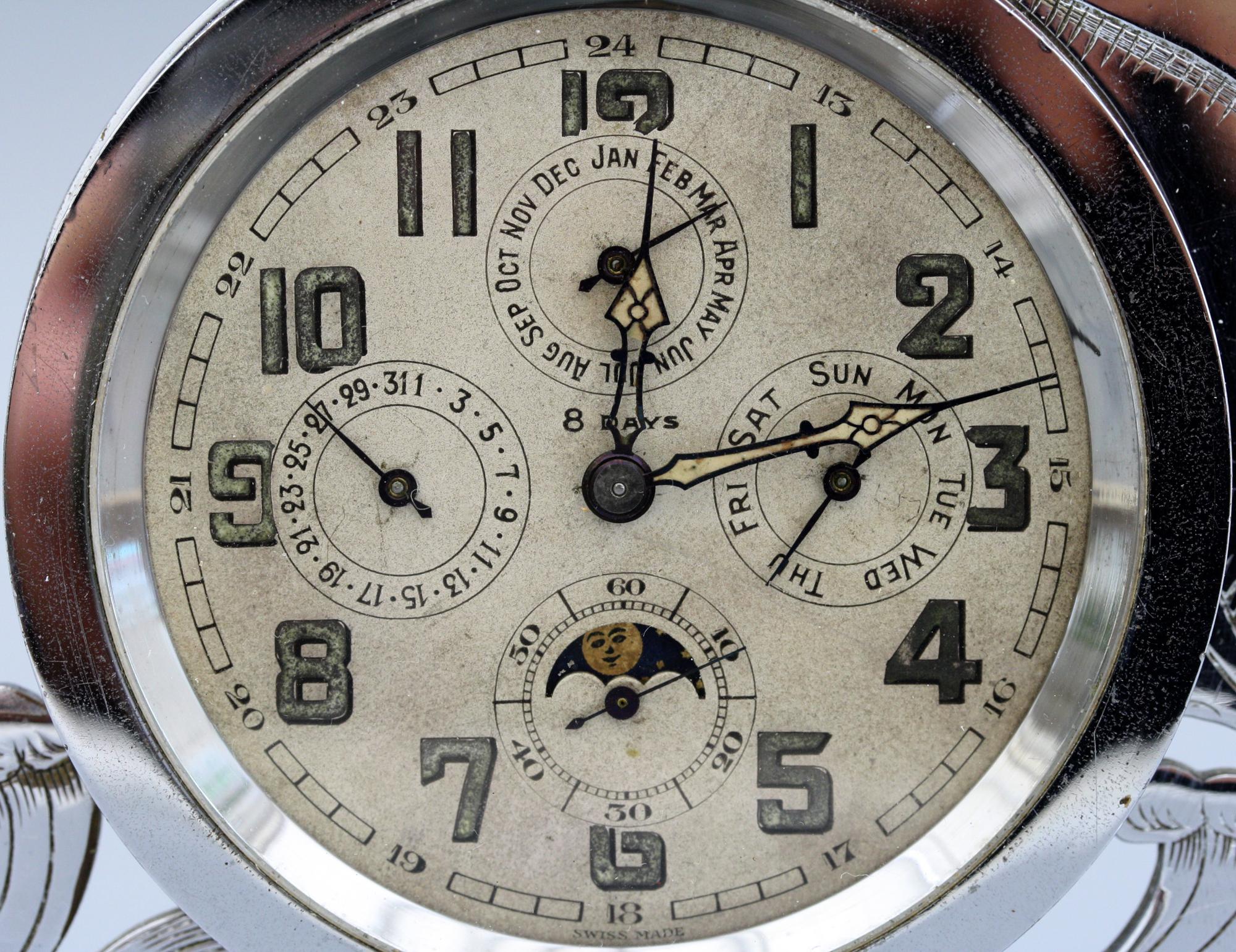 Rare Art Deco Chrome Mounted Swiss Moonphase Clock  9