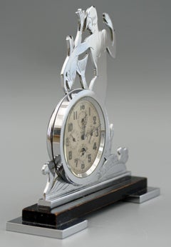 Rare Art Deco Chrome Mounted Swiss Moonphase Clock