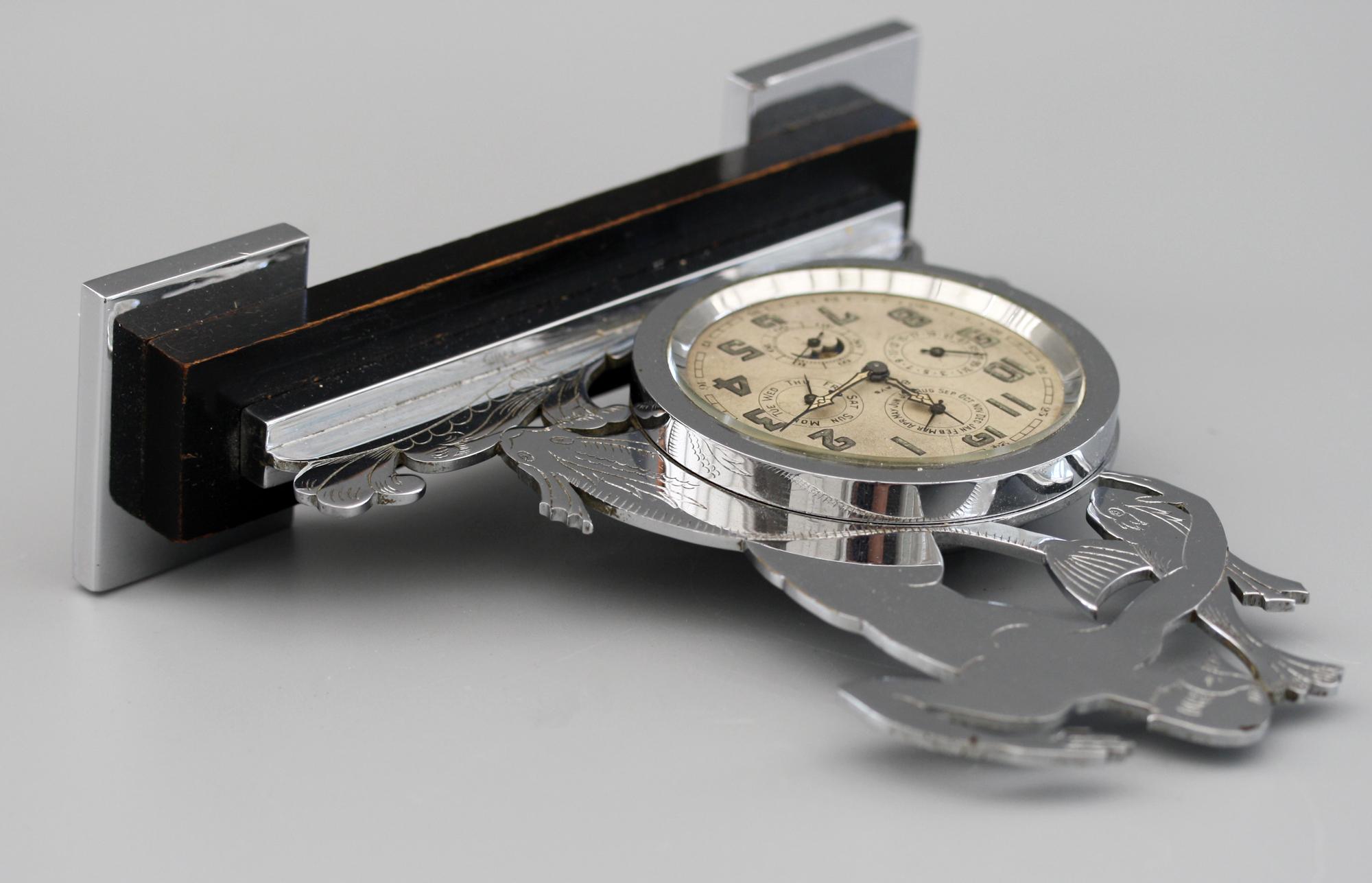 Rare Art Deco Chrome Mounted Swiss Moonphase Clock  1