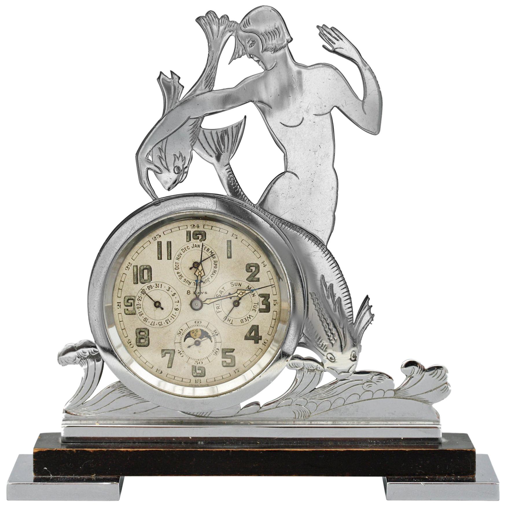 Rare Art Deco Chrome Mounted Swiss Moonphase Clock 