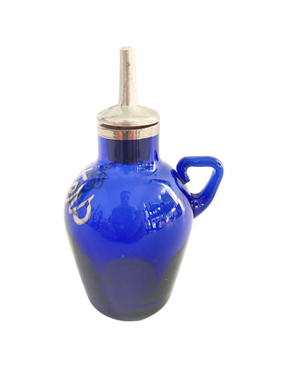 Rare Art Deco Cobalt Blue Glass Bitters Bottle with Silver 