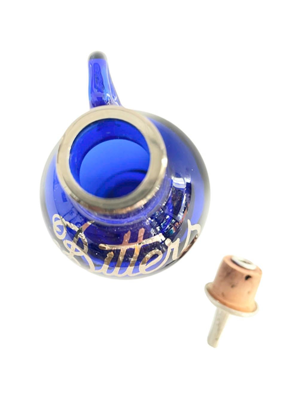20th Century Rare Art Deco Cobalt Blue Glass Bitters Bottle with Silver 