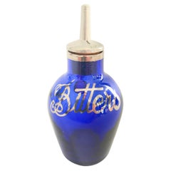 Antique Rare Art Deco Cobalt Blue Glass Bitters Bottle with Silver "Bitters" in Script