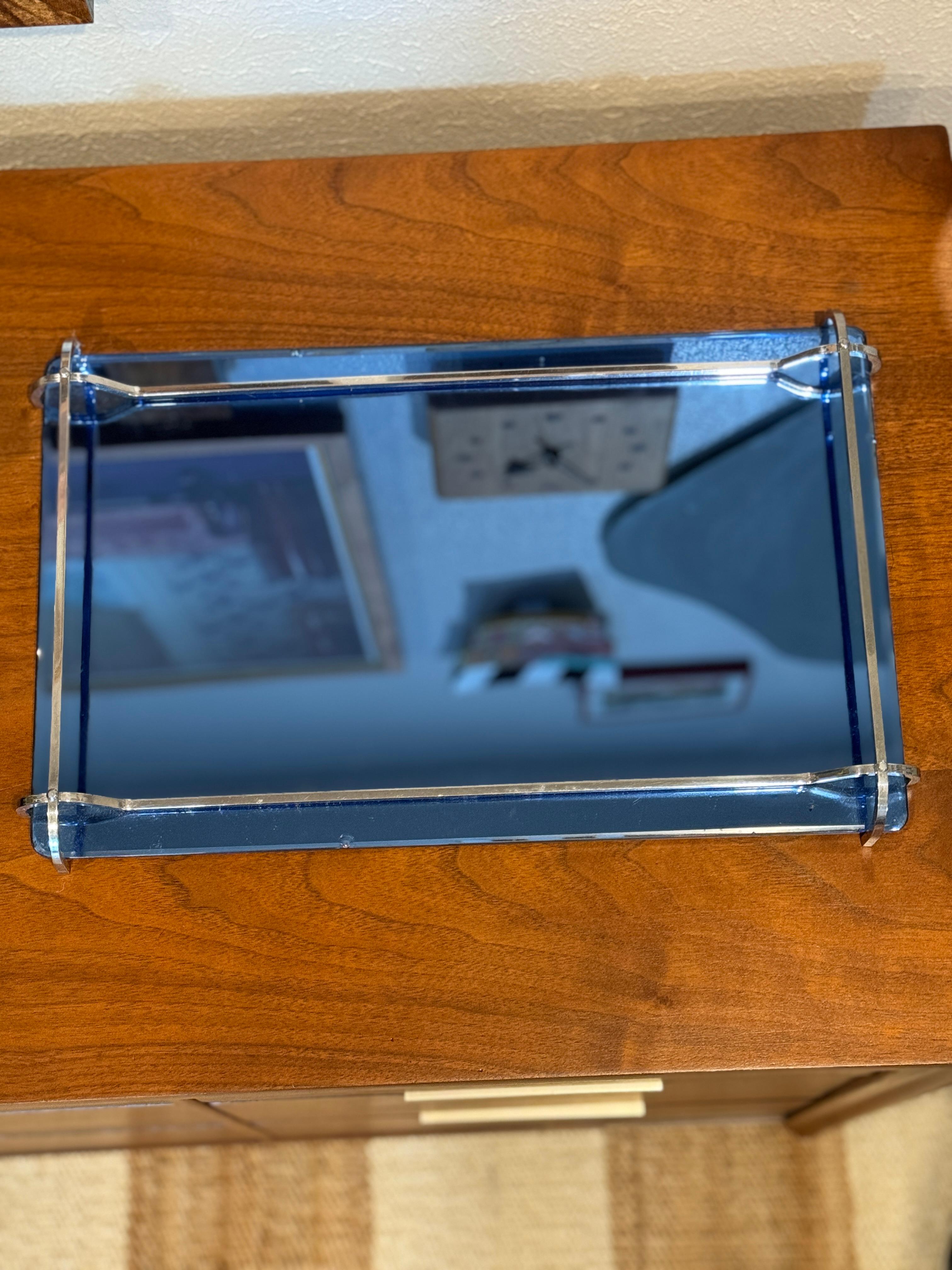 Rare antique Art Deco cobalt blue glass tray with steel handles, circa 1930s

In good condition with a couple of small chips. Please see photos. 