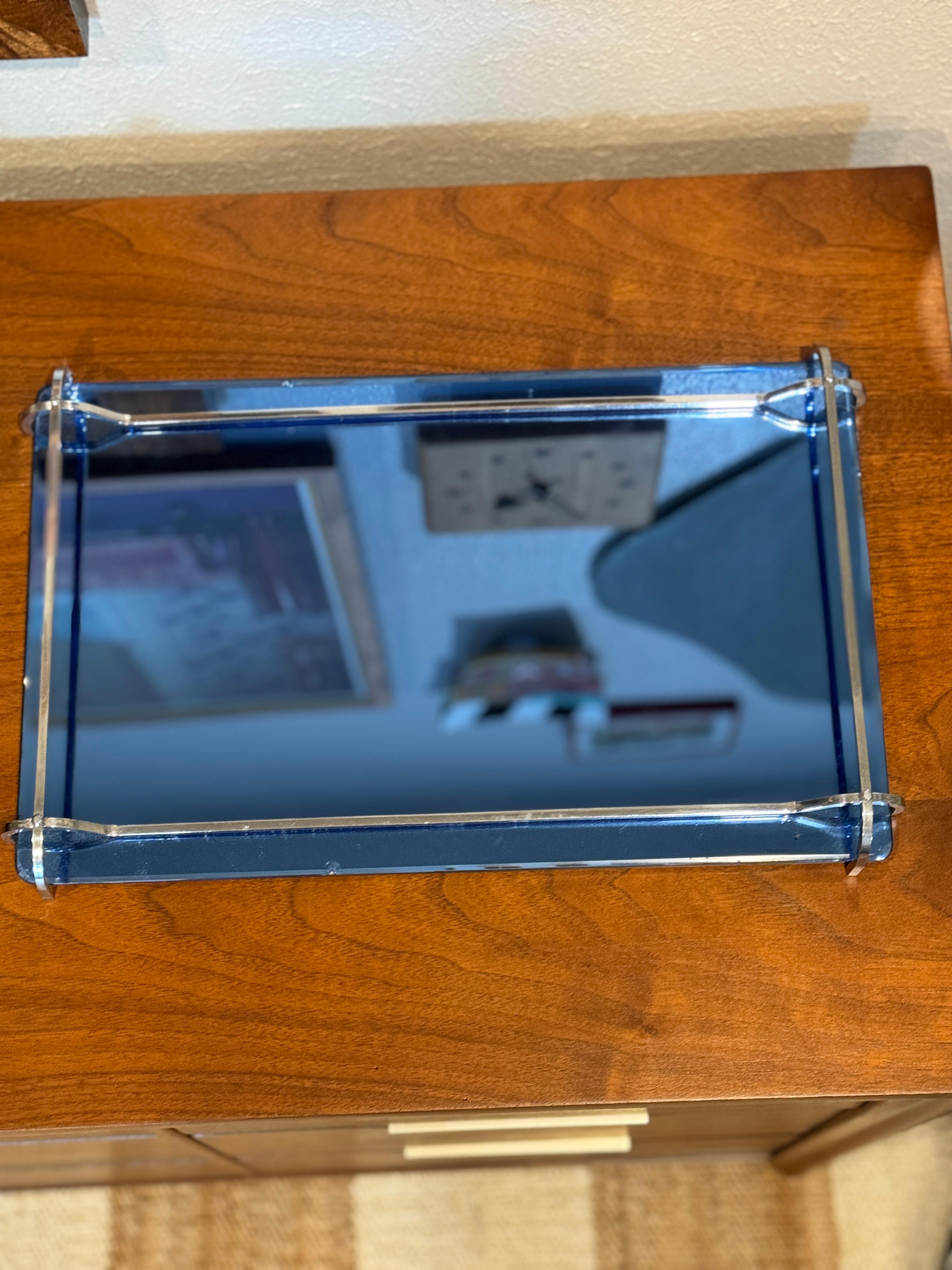 European Rare Art Deco cobalt blue mirror glass tray with steel handles, circa 1930s