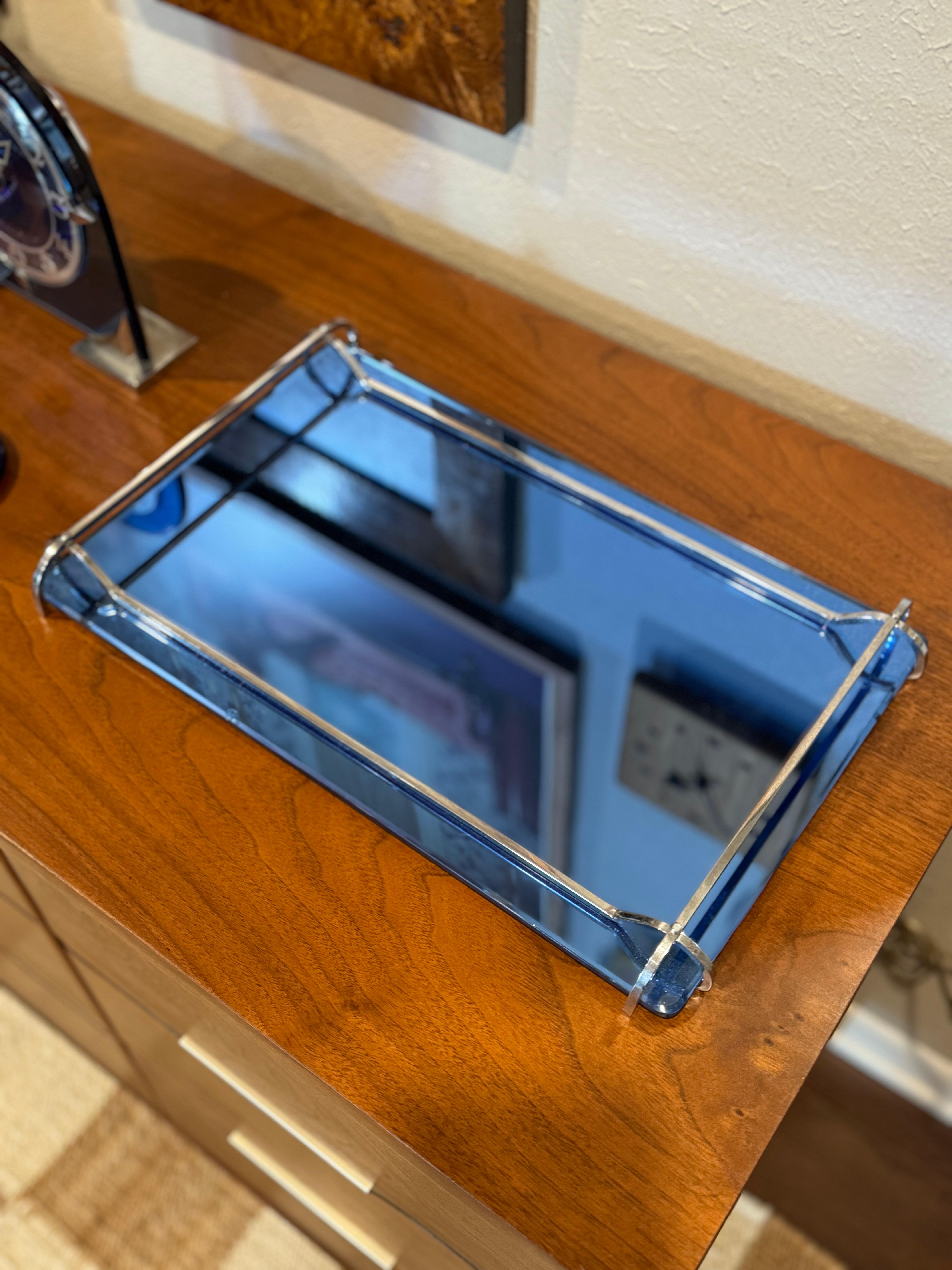 Rare Art Deco cobalt blue mirror glass tray with steel handles, circa 1930s In Good Condition In Houston, TX